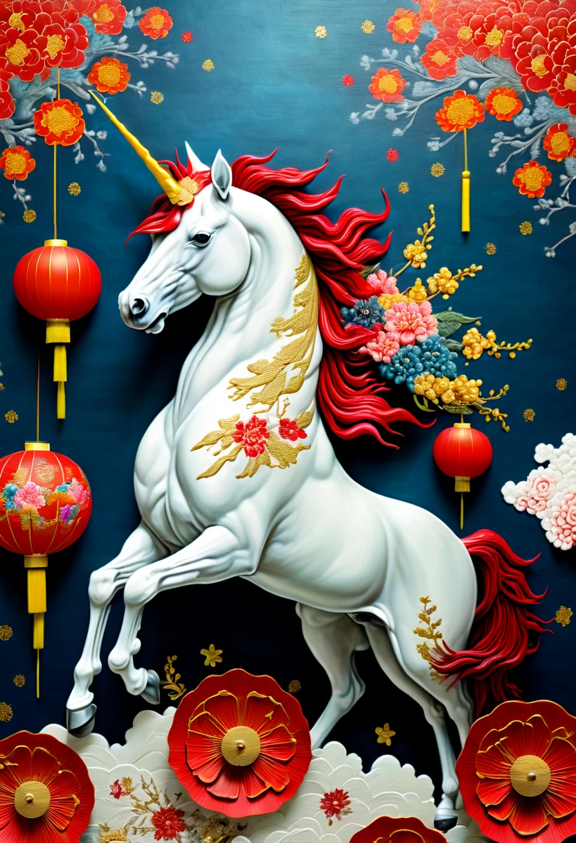 unicorn, chinese style background combines traditional chinese art style with modern design, in the style of colorful textures, radiant clusters, lowell herrero, dark red, rebecca louise law, colorized, chinese new year festivities