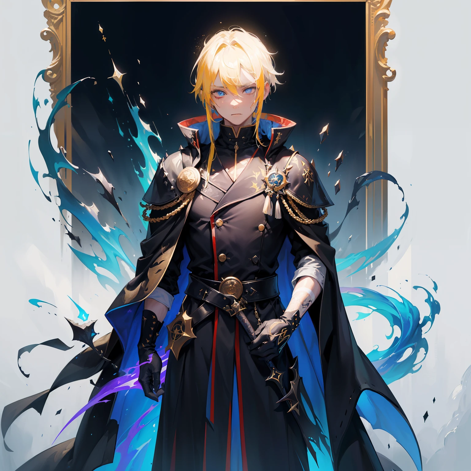 (in 8K、top-quality、masterpiece:1.2)、Vampire、Cyberpunk men、fantasy worlds、dark backgrounds、Clean design、Magnificent Instagram、art stations、Colorful paint splatter、silhuette、Ultra-detailed intricate details、unrealengine、Fantasia、intricate detailes、Splash Screen、Complementary color scheme、Fantasy concept art、an oil painting、heavy strokes、Paint dripping、(isolated on white:1.3)、Rainbow skin、(((Handsome young man)))、(glowingblueeyes)、 ((Bright eye)), (( spiky Long Yellow hair:1.1))), ((Black Millitary Coat)), (prinz\\(indifferent look\\),(Wearing a luxurious black robe with high detail))), Yellow-haired, Frost magic, ((breastsout), ((Wizard)).