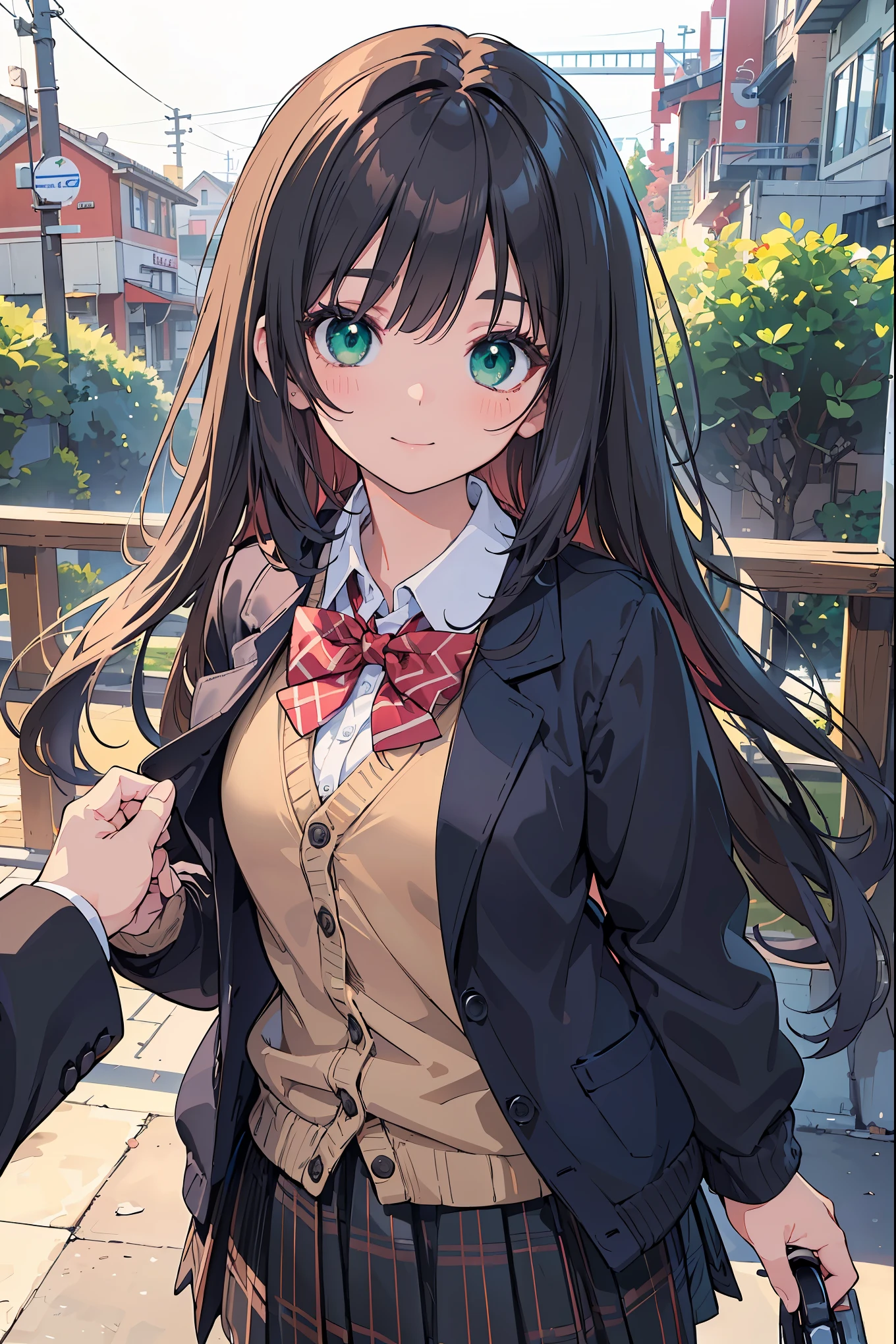 ((masterpiece, best quality, highres, UHD, perfect pixel, depth of field, 4k, RTX, HDR))), 1girl, single, solo, beautiful anime girl, beautiful artstyle, anime character, ((long hair, bangs, brown hair, curly hair:0.5)), ((green eyes:1.4, rounded eyes, beautiful eyelashes, realistic eyes)), ((detailed face, blushing:1.2)), ((smooth texture:0.75, realistic texture:0.65, photorealistic:1.1, anime CG style)), medium breasts, dynamic angle, perfect body, ((portrait, pov)), ((red bowtie, school uniform, black jacket, open jacket, brown cardigan, white shirt, black skirt, plaid skirt)), smile, hands up, amusement park