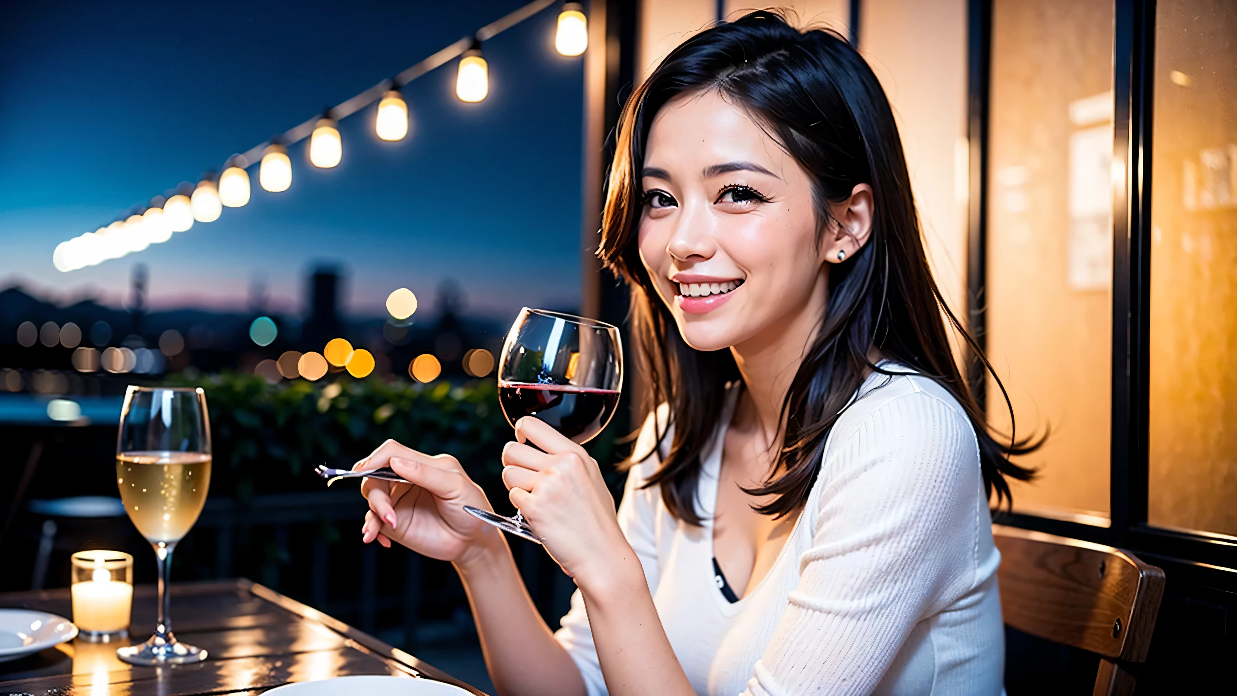 64k, UHD, highest quality, masterpiece: 1.2), (realistic, photorealistic: 1.37), Super detailed, Japanese sake会、Wine Party、drinking party、celebration party、party of 5、3 women who love wine、2 males、sparkling glass、Japanese sake、Shochu、champagne、Sparkling wine、winter night、restaurantでワイン宴会、(slimな男女4名),(Wine Party for 5 people)、(slimフェイス),Happy、 最高なsmile、Fox Face、Berry Short、(because I&#39;thin), (brown hair), (shortcut), long sleeve shirt、winter fashion、Colombia、Japanese、Dutch、German、Portuguese、Belgian、Italian、french, (gush), (slimボティ), (brown hair), (shortcut), Neat beauty、cheeks blush a little, (40 years old), 38 years old, alone, A beautiful and detailed night view spreads out outside the window..., restaurant, wine glassが座っている, At night, in a prominent place (from the Upper body) nova frog style, actress, model, Upper body, White wine, slim, wine glass, very beautiful night view, wine glass Put in the Middle, Happy smile, (smile: 1.15), 