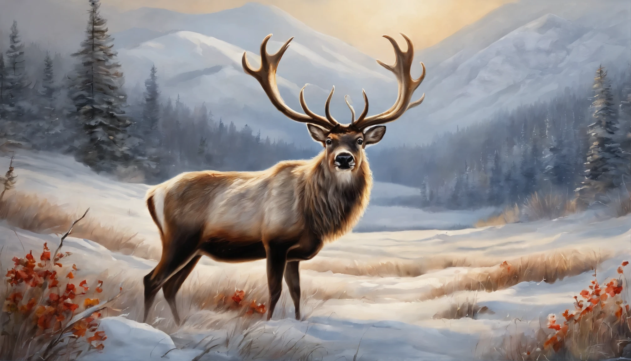 reindeer, oil painting, beautiful natural landscape, detailed fur, brown eyes and antlers, (best quality, 4k, 8k, highres, masterpiece:1.2), ultra-detailed, (realistic, photorealistic, photo-realistic:1.37), portraits, flowers on antlers, vibrant colors, professional lighting.