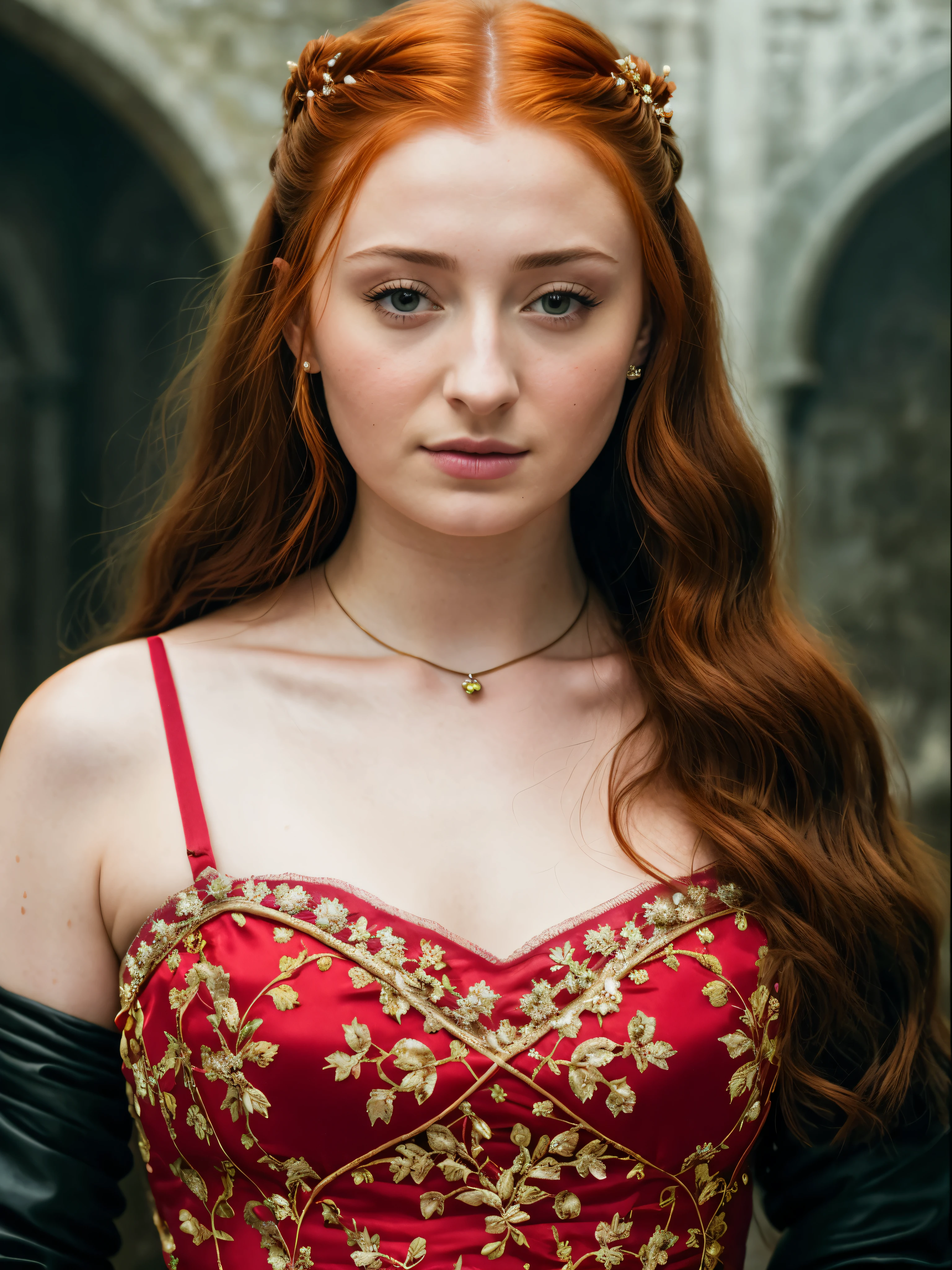 Foto RAW, Sansa Stark PLAYED BY SOPHIE TURNER Ned and Cat's oldest daughter. Demure and ladylike, her dream to marry Prince Joffrey. Her direwolf named Lady , Game of Thrones Series, (pele altamente detalhada: 1.2), 8k UHD, DSLR, soft-lighting, alta qualidade, grain of film, Fujifilm XT3