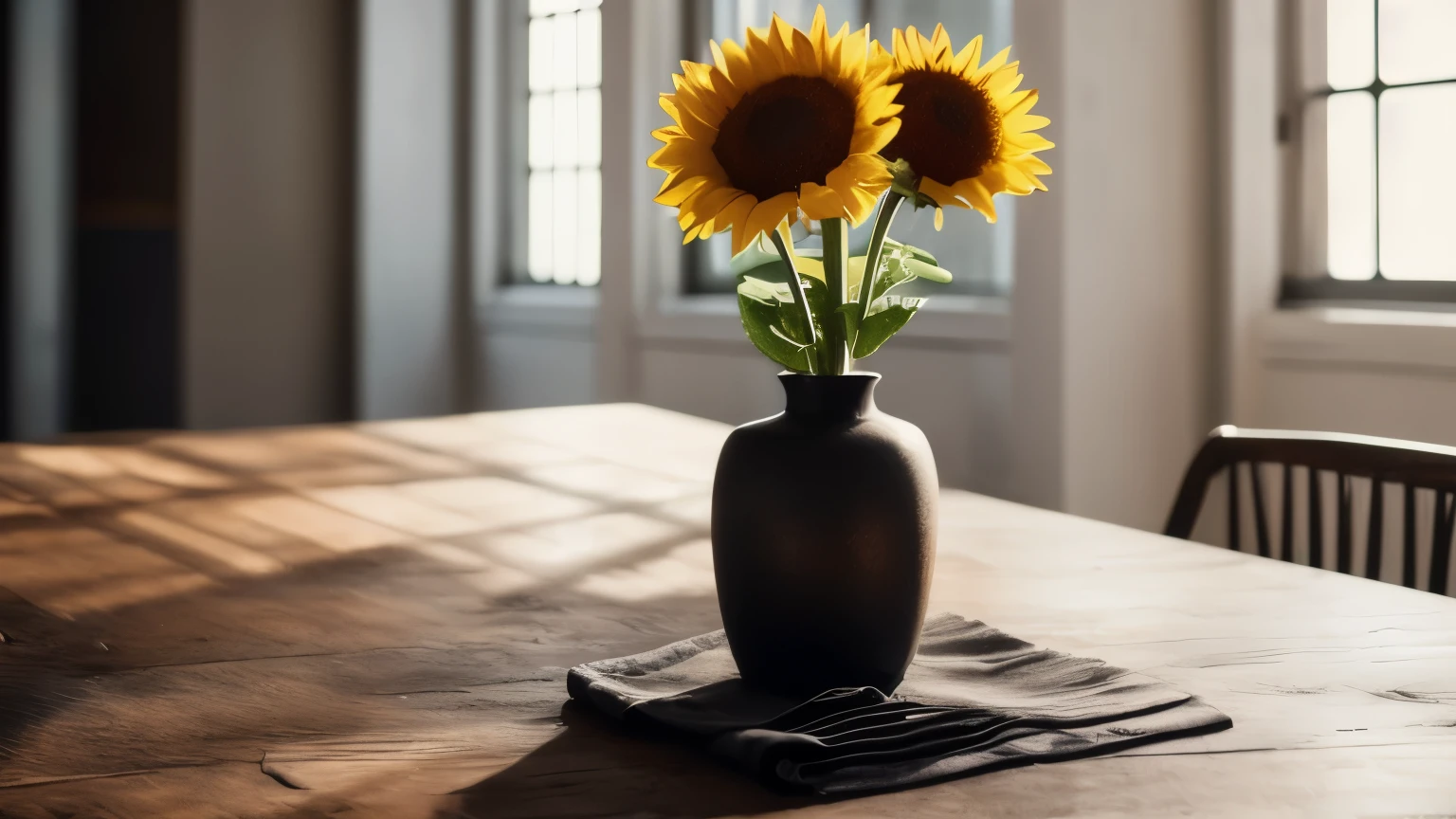 hyper ultra realistic photographs full body of Envision a single, dramatic sunflower, its golden head reaching towards the sun. It stands proudly in a sleek black vase against a stark white background, creating a bold and eye-catching statement. ratio 16:9, 4k, 8k resolution, High quality photo, high detailed, imagesharp focus, Cinematic lighting,hyperdetailed & Unreal engine, detail, realism, photography,cinematography, camera NIKON, lens NIKKOR flagship, masterpiece. hyper-maximalism, ultradetailed photorealistic, light skin imperfections, final render, vray, photo, fashion