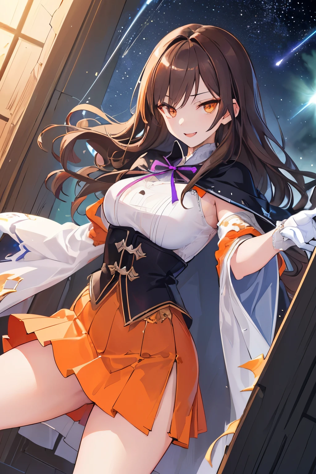 (((1girl))), ((best quality)), ((masterpiece)), ((ultra-detailed)), (illustration), (detailed light), (an extremely delicate and beautiful), (beautiful detailed eyes), (sunlight), ((extremely light)),  ((extremely clothes)), (((hyper detail))),(((((front lighting))))),(((((front light))))),

((((quite adorable and sexy Warock's robe with a blous, vest and a brief skirt and magical hairband))), (((Novice Warock))),
, 

(((wavy long hair))), ((((dark brown hair)))),  (((long hair))),
(((dark orange eyes))),

((((whole body)))), aged 16 to 18, ((((())))), ((((very adorable young girl)))),
((condescending expression)), ((mischievous smile with sexual satisfaction)),  (((extra adorable))), (((((extra slender shape))))), 
(((((extremely beautiful detailed face))))), 
(((dynamically and bravely attacking enemies by a spell of lightning volts))), (((elegant magic boots))),

(Dutch angle), (((elegant magic gloves))), ((transparent magical underskirt)), (a little bit exposed adorable magical panties)