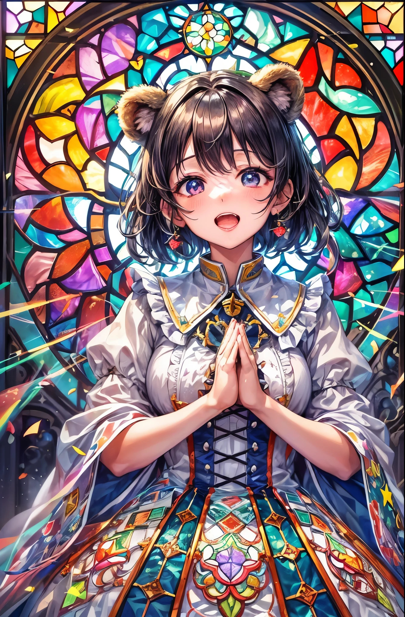 ((worst quality, low-quality)), ((Bear-eared chemomimi girl)), ((Black-haired berry berry short)), (((Hair over one eye))), (((One eye is hidden by hair))), plump shiny lips, Beautiful clear eyes, Spoken Heart, Leaning forward, (perfect hand:1.4), (background of beautiful extremely detailed a church with clear and beautiful stained glass with a huge old cross in the center),(sing with her mouth wide open and folded hands:1.4), Confetti, (Stained glass window background), ((Shining sunlight)), (light Particle, light glow, llight rays:1.4), masutepiece,Best Quality,ultra-detailliert,