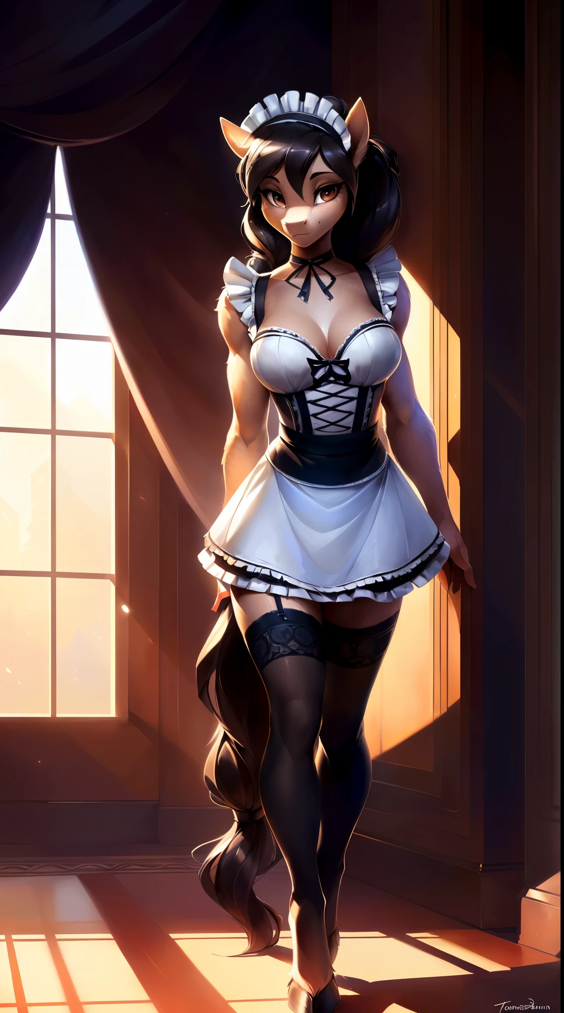 uploaded on e621, by Bayard Wu, by Thomas Benjamin Kennington, by Einshelm, solo anthro, ((Portrait)), ((Wear a maid uniform)), maid, maid uniform, frenchmaid, french, (White and black Underwear), (lacy stockings, adult pantyhose), (detailed Bonifasko lighting), (Detailed fur), (detailed skin), (Cinematic lighting), ((Detailed background, vip hotel hall)), (half body shadow), [ambient light on the belly], [explict content], [sharp-focus], (shaded), ((Masterpiece), brown eyes, (long hair, hairbun), (dark hair), Average Breasts, pectoral muscles, Fluffy pony, MLP, My Little Pony, grey skin, (fluffy fur), fluffy tights, fluffy chest, furry fantasy art, anthro art, commission for high res, Furry art, pov furry art, Sakimichan is beautiful, Masterpiece, Best Quality, Detailed image, Dark colors, Detailed Face, perfect  lighting, Perfect shadows, Perfect eyes, focus on girl, gorgeous body, Hourglass body, feet focus (hooves in tights), Fluffy, fluffy girl, Body fur, pony muzzle, Playful look, half closed eyes, 1girl, full body, Detailed fur, Balanced coloring, ((Long mane, pony tail)), Furry, anthro, (attractive body), looking at viewer, seductive gaze, seductive posing, perfect legs, 