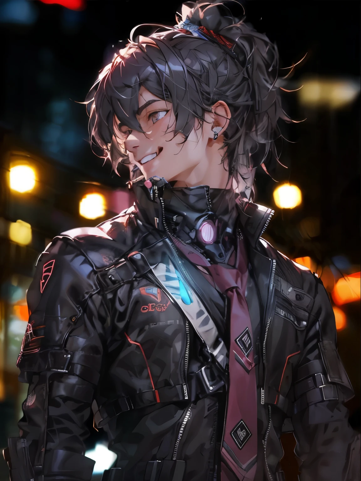 ultra detail, High resolution, ultra detailed, highest quality, wonderful, highest quality, Highly detailed CG Unity 8K wallpaper, cinematic lighting,cyber punk, dark boy,Manbang,tie hair,tie hair back,all back.Previous,look straight ahead,think ahead,smile,laughter,smile,face forward,Previous,Front view,Stand up straight