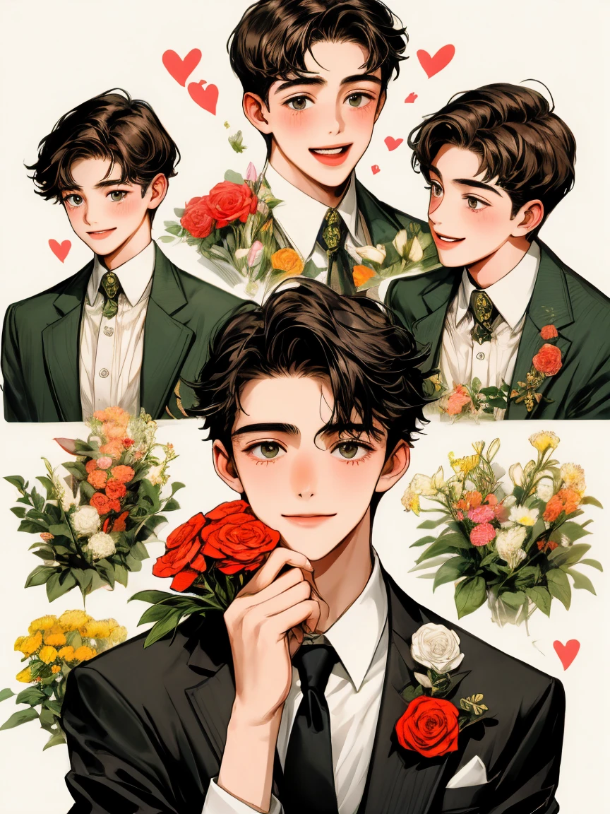 masterpiece, collage of teenage boy holding flowers, happy