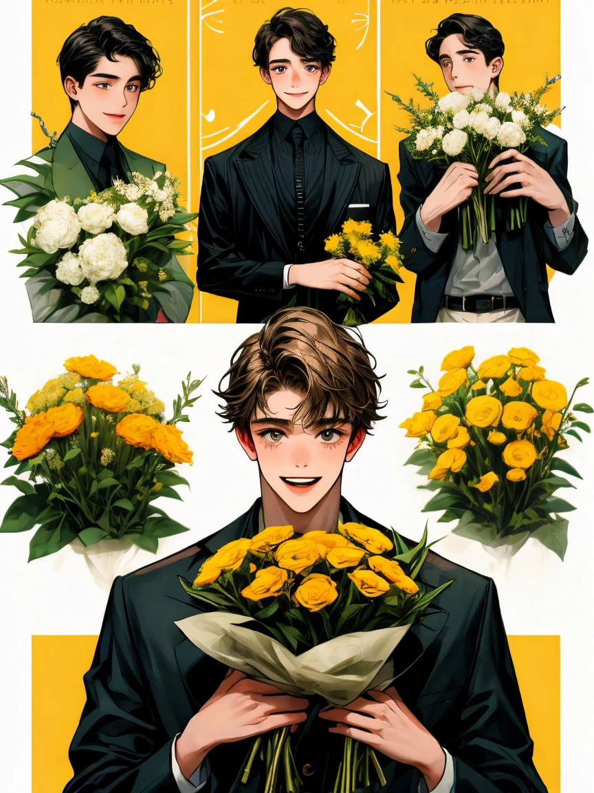 masterpiece, collage of  boy holding flowers, happy