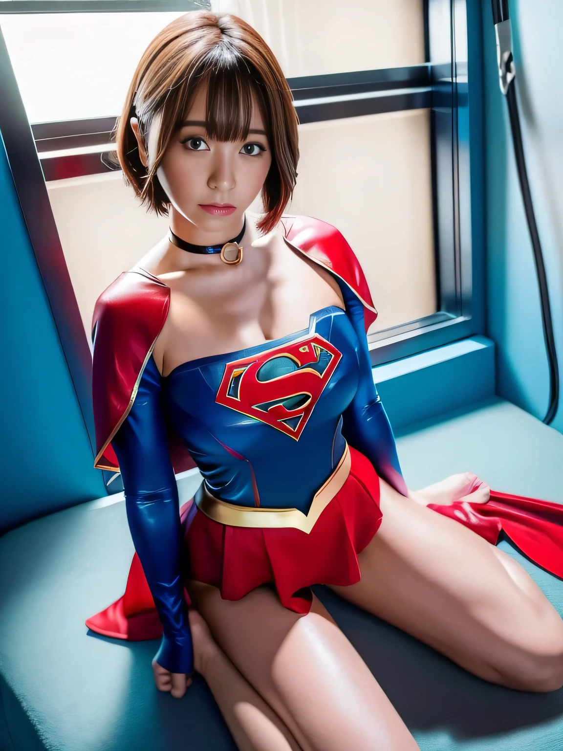 masterpiece,Supergirl costumes, short hair, barefoot, big and full breasts,operating room、operating table、straddle、damaged、shiny、look at the camera、choker、long sleeve、red mini skirt