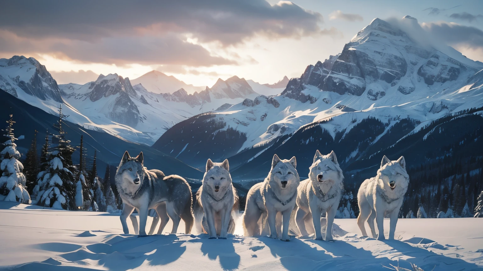 a group of winter wolves, sad, snow in the BG, tired