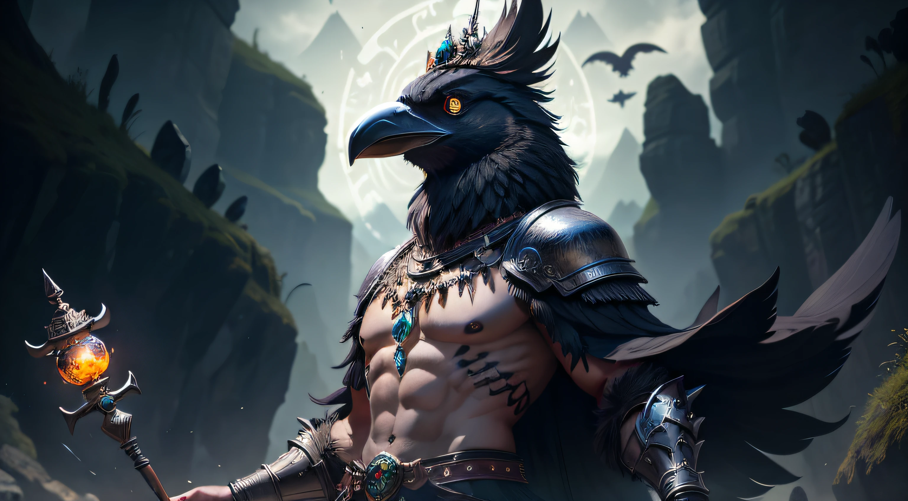 "A raven kenku shaman in ancient black faeric armor with emeralds, pele escura, wearing detailed armor and sporting a fierce and powerful expression, uma diadema com pedra de obsidia, Holding a mystical two-catalyst staff, in an epic swampy dungeon, neblina e pouca luminosidade."