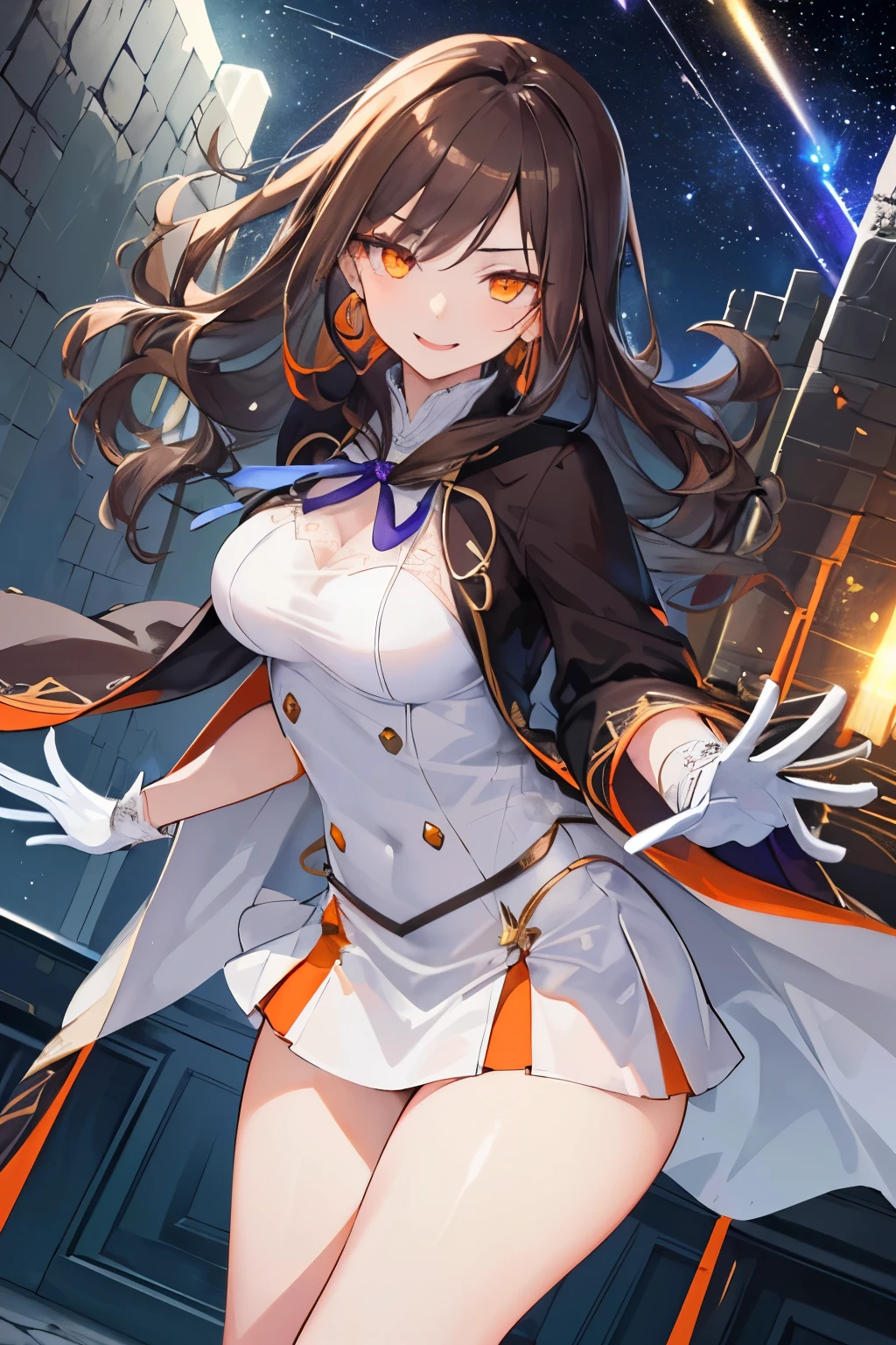 (((1girl))), ((best quality)), ((masterpiece)), ((ultra-detailed)), (illustration), (detailed light), (an extremely delicate and beautiful), (beautiful detailed eyes), (sunlight), ((extremely light)), ((extremely clothes)), (((hyper detail))),(((((front lighting))))),(((((front light))))),
((((quite adorable and erotic Warlock's robe with a skirt)))), (((High Class Warlock))),
,
wavy long hair, ((((dark brown hair)))), (((long hair))),
(((deep orange eyes))),
(((whole body))), 8 to 1((())))),
((condescending expression)), ((mischievous smile with sexual satisfaction)), (((extra adorable))), (((((extra slender shape))))),
(((extremely beautiful detailed face))),
(((attacking enemies by a spell of shooting stars))),
(((((Dutch angle))))), (((white gloves)))