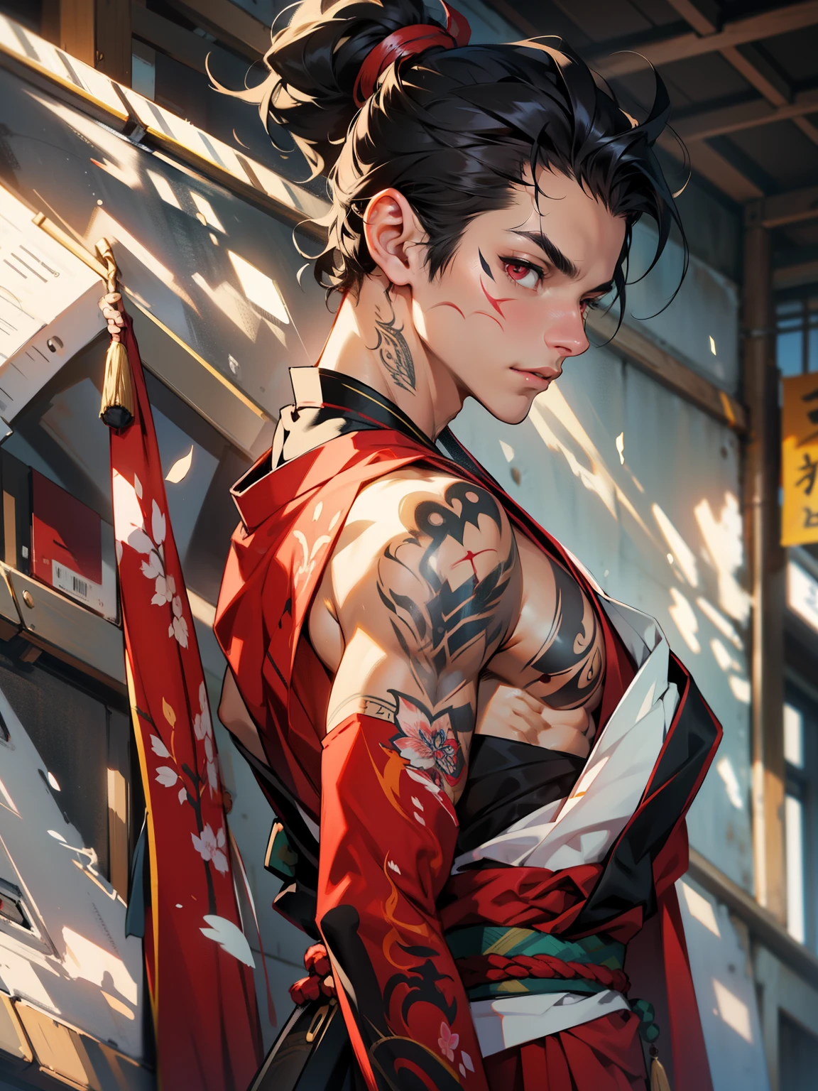 Natural eyes, clear details, excellent quality, UHD resolution, Top quality, masterpiece, Best quality, 8k, UHD, retina, masterpiece, anatomically correct, textured skin, super detail, high details, high quality, best quality, highres, 1080P, HD, 4K, 8k, young guy, standing sideways, dressed in a red kimono, bare shoulder, tattoos on his body, black hair, red eyes