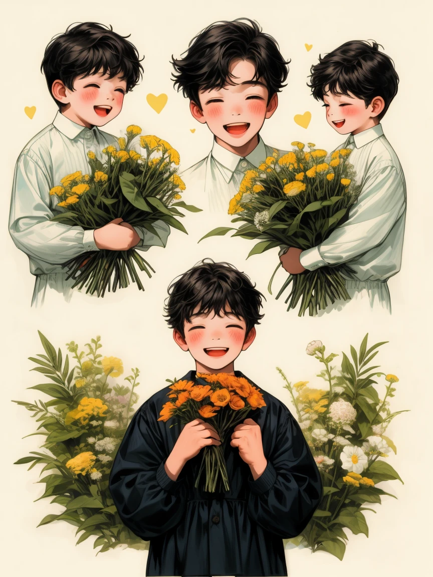 masterpiece, collage of little boy holding flowers, happy