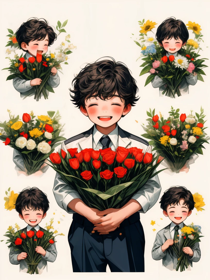 masterpiece, collage of little boy holding flowers, happy