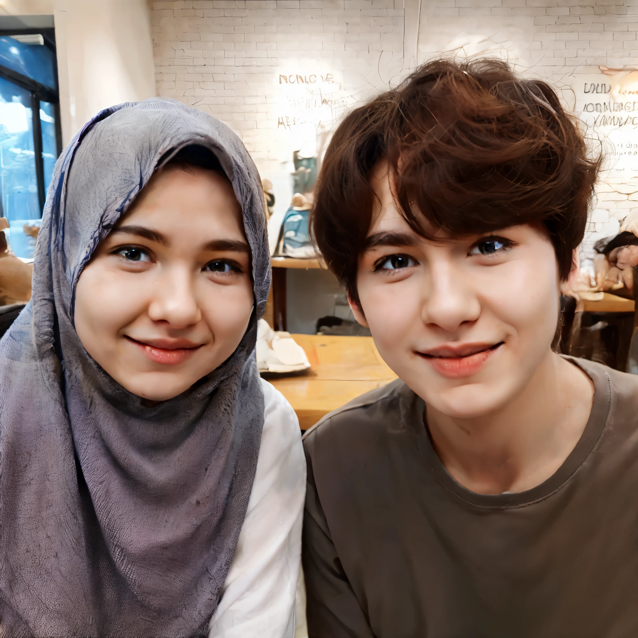 seorang wanita menggunakan hijab berumur 33 tahun berat badan 65..sedang duduk di sebelah kyuhyun super junior .. mereka terlihat senyum malu malu..latar nya di cafe .. gambar di foto menggunakan kamera terbaik di dunia..super realistik.. ultra hd..8k