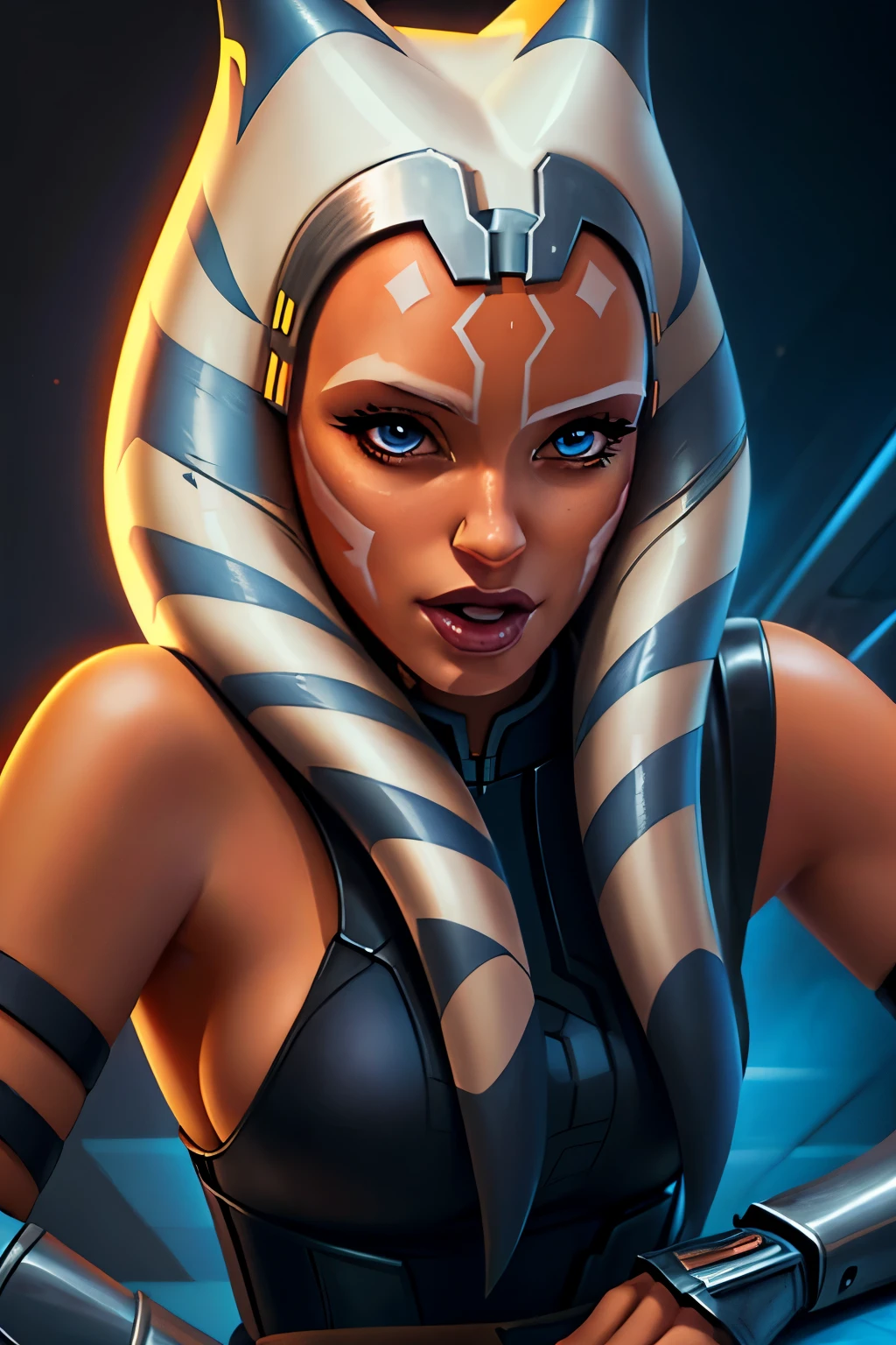 1girl, ahsoka tano, mandalorian armor, sideboob, skinny, leaning forward, close-up, pov, licking finger, naughty face, beautiful face, detailed eyes, depth of field, masterpiece, high quality, highres,