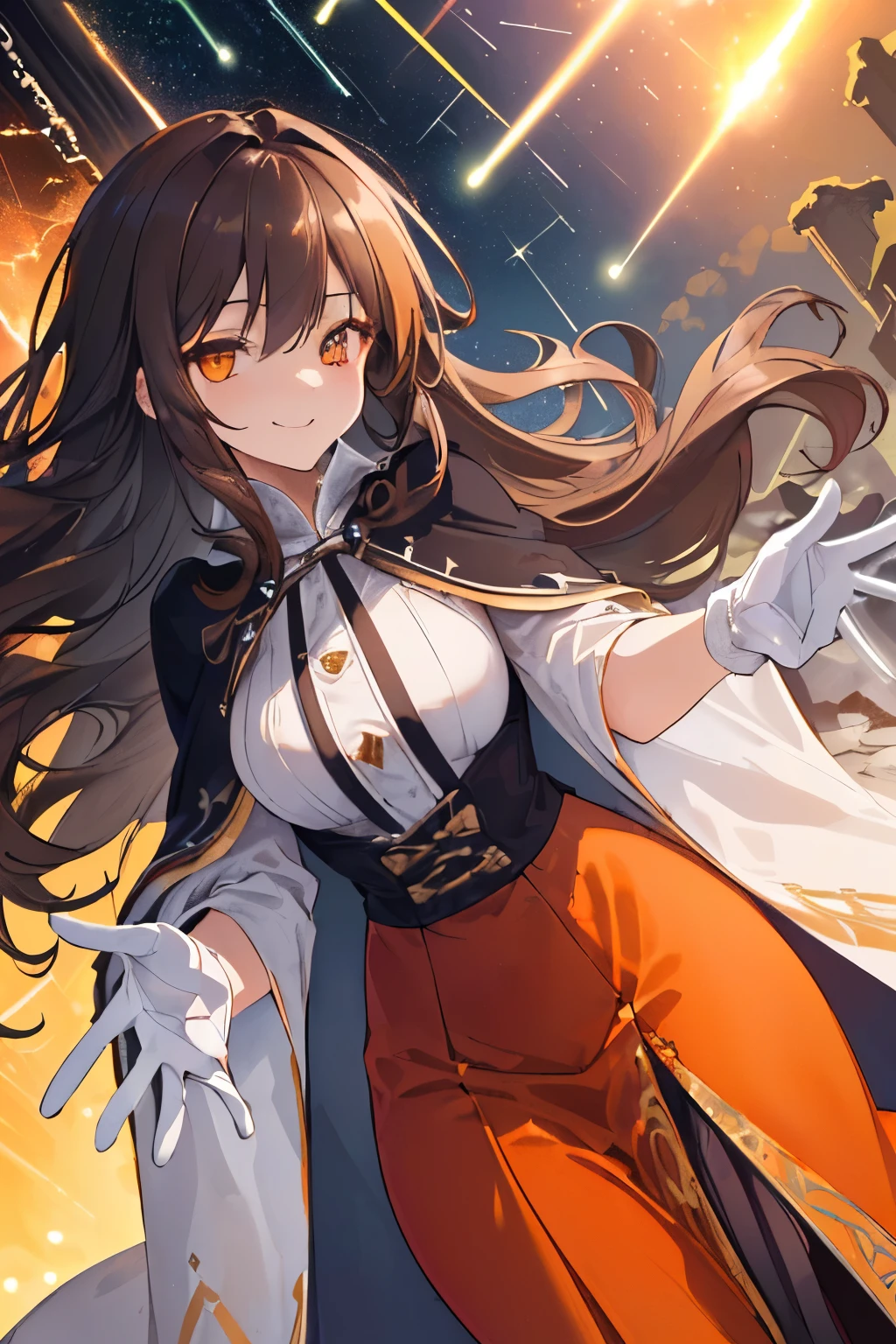 (((1girl))), ((best quality)), ((masterpiece)), ((ultra-detailed)), (illustration), (detailed light), (an extremely delicate and beautiful), (beautiful detailed eyes), (sunlight), ((extremely light)), ((extremely clothes)), (((hyper detail))),(((((front lighting))))),(((((front light))))),
((((quite adorable and erotic Warlock's robe with a skirt)))), (((High Class Warlock))),
,
wavy long hair, ((((dark brown hair)))), (((long hair))),
(((deep orange eyes))),
(((whole body))), 8 to 1((())))),
((condescending expression)), ((mischievous smile with sexual satisfaction)), (((extra adorable))), (((((extra slender shape))))),
(((extremely beautiful detailed face))),
(((attacking enemies by a spell of meteor shower))),
(((((Dutch angle))))), (((white gloves)))