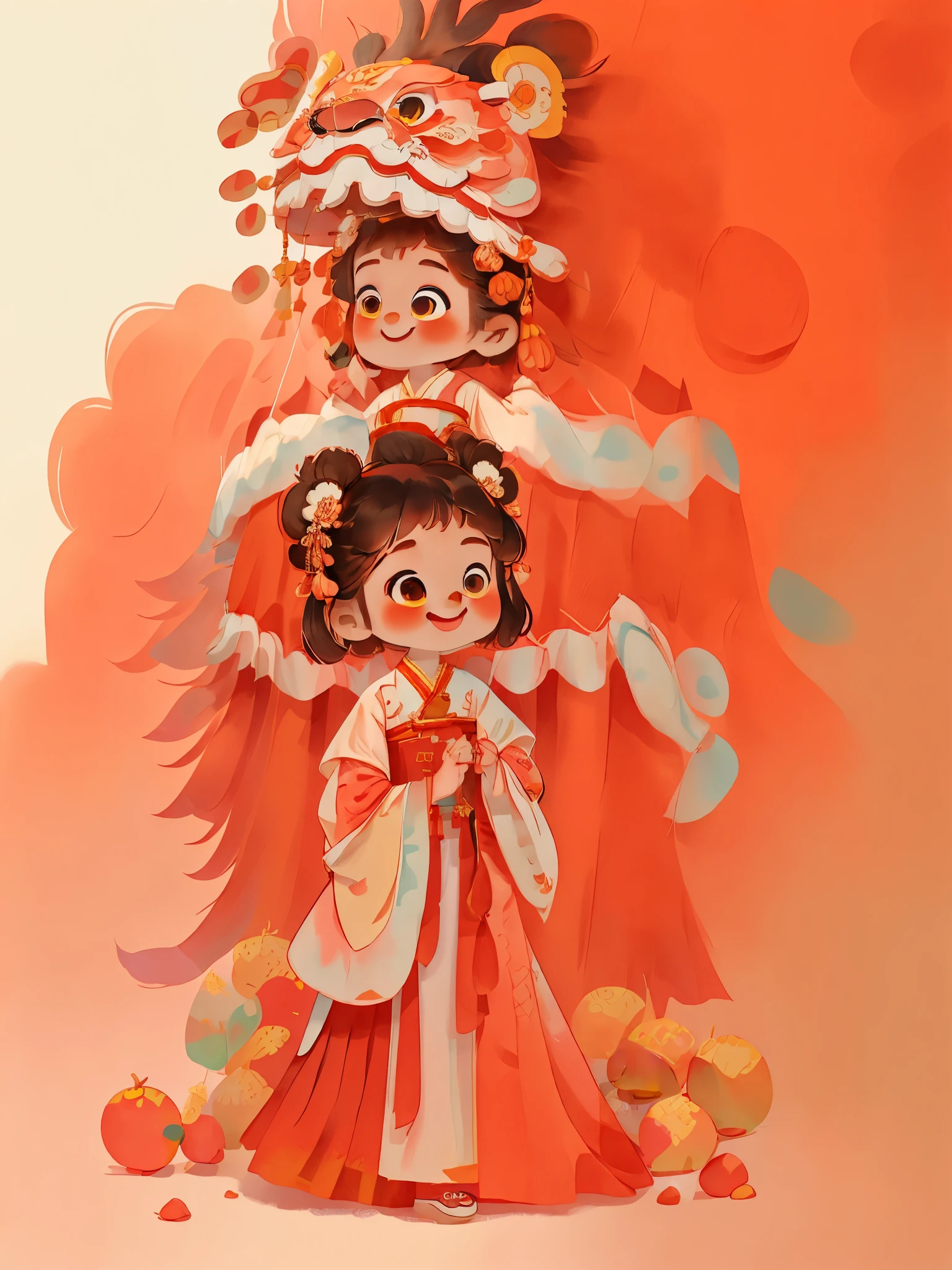 dream to be((lion dance girl))of cute girls, ((preschool))，装扮成lion dance girl，wear(((Hanfu robe))), background：Chinese style buildings and red lanterns around，smiling, (masterpiece: 1.2) (actual: 1.2) (Bokeh) (best quality) (delicate skin: 1.3) (intricate details) (8k) (exquisite eyes) (sharp focus), (happy)