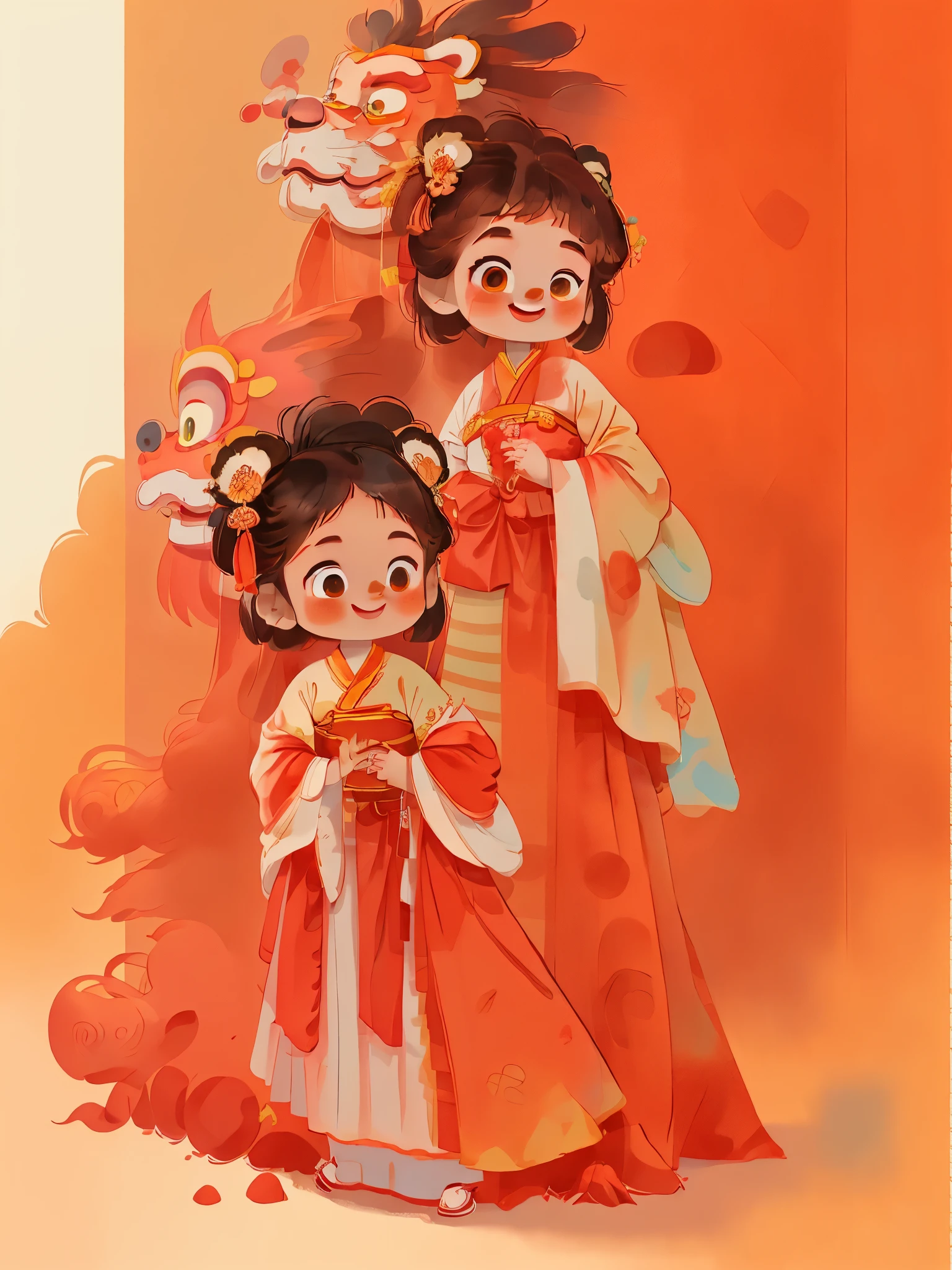 dream to be((lion dance girl))of cute girls, ((preschool))，装扮成lion dance girl，wear(((Hanfu robe))), background：Chinese style buildings and red lanterns around，smiling, (masterpiece: 1.2) (actual: 1.2) (Bokeh) (best quality) (delicate skin: 1.3) (intricate details) (8k) (exquisite eyes) (sharp focus), (happy)