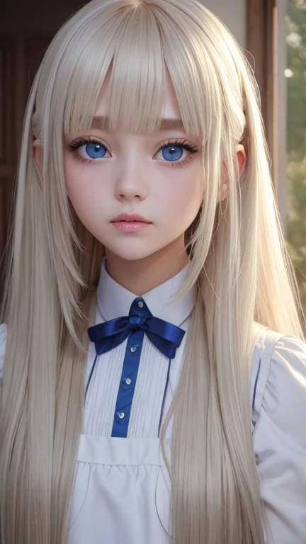 bright look、photorealism、highest quality、Super high resolution、picture、Photo of an exquisitely beautiful Scandinavian girl、extraordinary beautiful girl、cute and beautiful face details、(Pueros face_v1:0.008)、beautiful bangs、alice in wonderland、18-year-old、Shining white skin、hair run that extends to the face、bangs between the eyes、super long hair、Attractive light and dark platinum blonde super long straight silky hair、thin hair、Charming shining beautiful bright clear light blue big eyes、white apron、yellow dress、eyeliner、double eyelid、rich bust