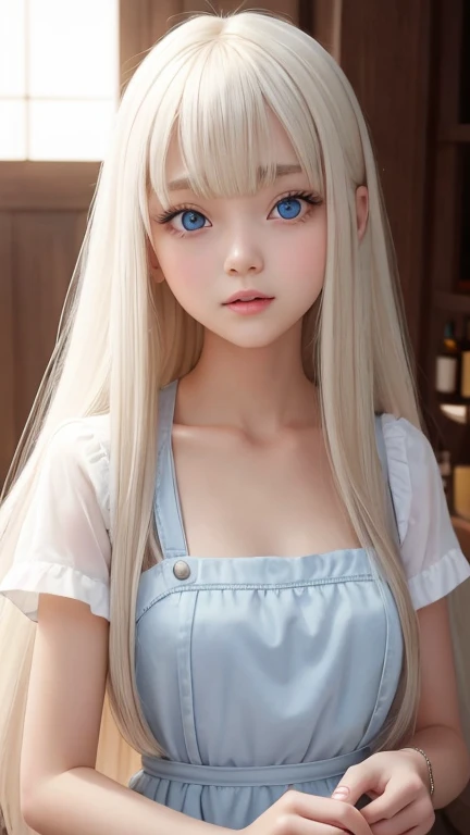 bright look、photorealism、highest quality、Super high resolution、picture、Photo of an exquisitely beautiful Scandinavian girl、extraordinary beautiful girl、cute and beautiful face details、(Pueros face_v1:0.008)、beautiful bangs、alice in wonderland、18-year-old、Shining white skin、hair run that extends to the face、bangs between the eyes、super long hair、Attractive light and dark platinum blonde super long straight silky hair、thin hair、Charming shining beautiful bright clear light blue big eyes、white apron、yellow dress、eyeliner、double eyelid、rich bust