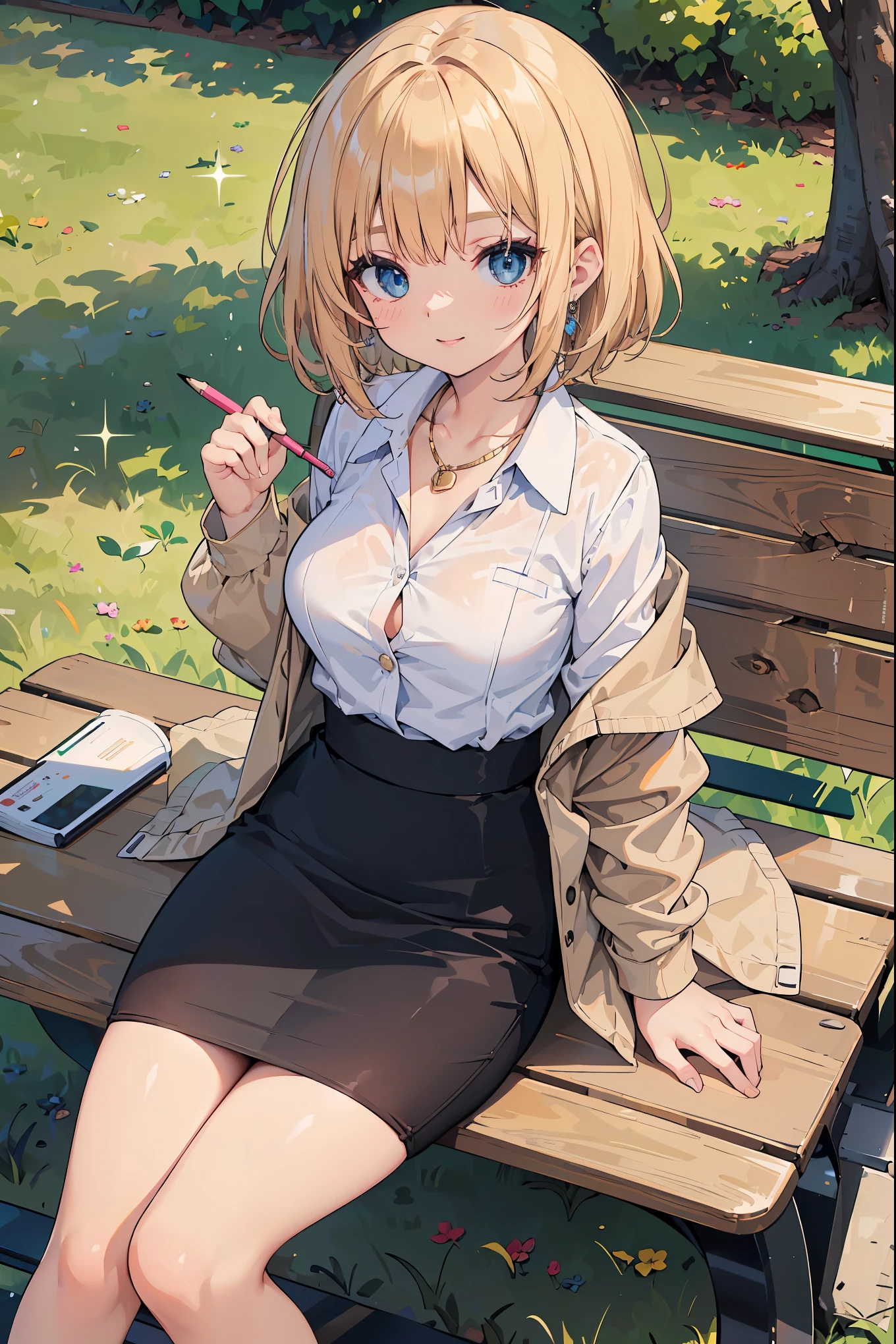(table top: 1.3), (maximum resolution: 1.2), (Ultra HDTV: 1.2), cinematic light, Ultra HDTV, (fine eyes and skin), (detailed facial features), nffsw, 8K resolution, perfect style, beautiful face, acura, anatomically correct, Highly detailed face and skin texture, fine eyes, dark blue eyes, double eyelid, thin eyebrows, glitter eyeliner: 1.2, natural cheeks, Glossy skin, Fair skin: 1.2, small shiny necklace and earrings, (glossy lips: 1.4), break, absurd, one person's perspective, (she is a middle school teacher), (wear a button up shirt, formal jackets, pencil skirt, high heels), (Seductive smile: 1.2), (look at the viewer), ((mature and beautiful girl:1.3)), (layered hairstyles, messy hair), (golden silky hair:1.2), medium bob cut braid hair, (full body shot: 1.2), focus on face, ((very close relationship: 1.2)), Huge chest and swaying breasts under the shirt,, ((Sitting on a bench in the middle of the lawn with the female students during lunch break at junior high school.:1.2)), ((teacher's lunch break)), (from directly above:1.2),