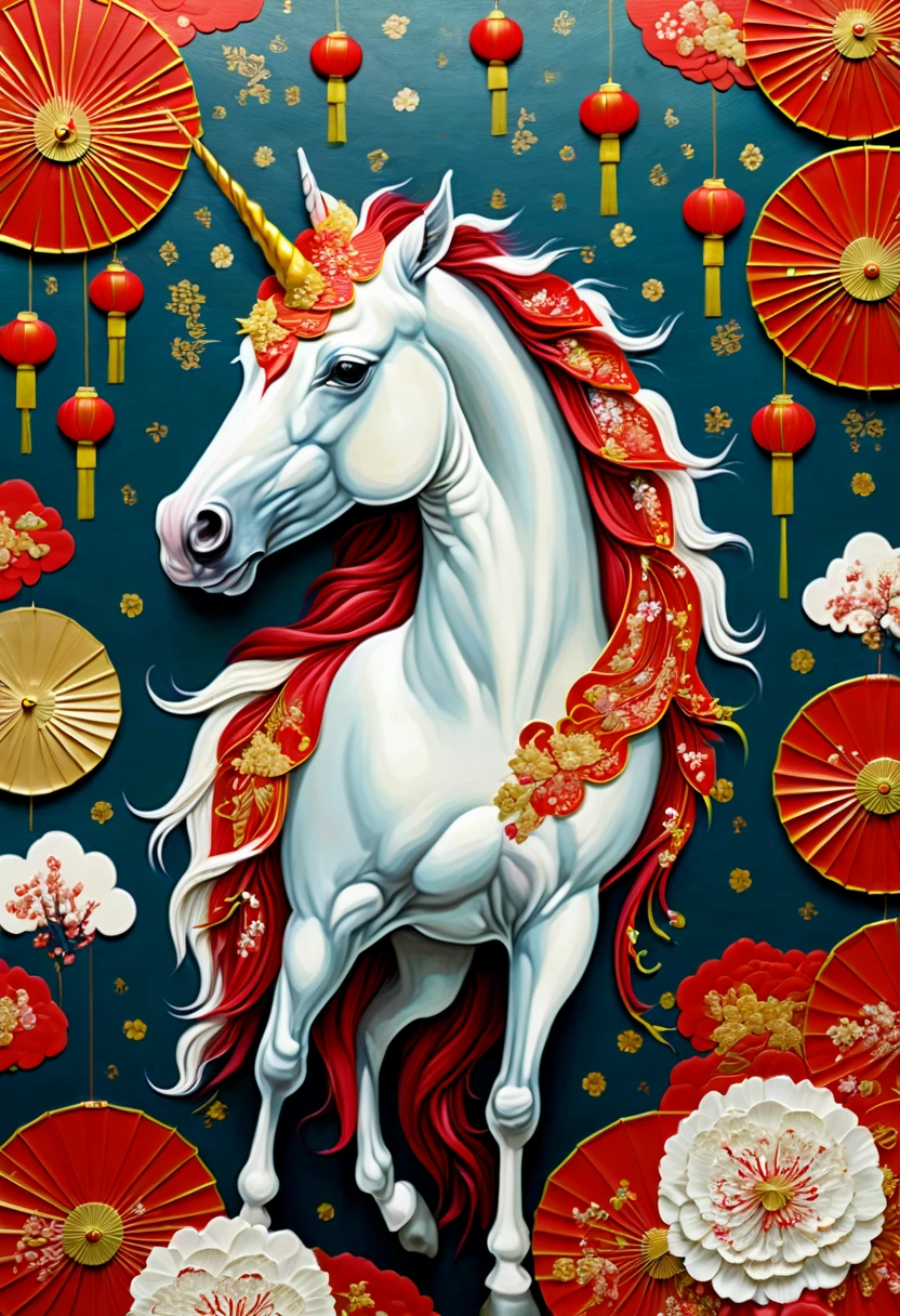 unicorn, chinese style background combines traditional chinese art style with modern design, in the style of colorful textures, radiant clusters, lowell herrero, dark red, rebecca louise law, colorized, chinese new year festivities
