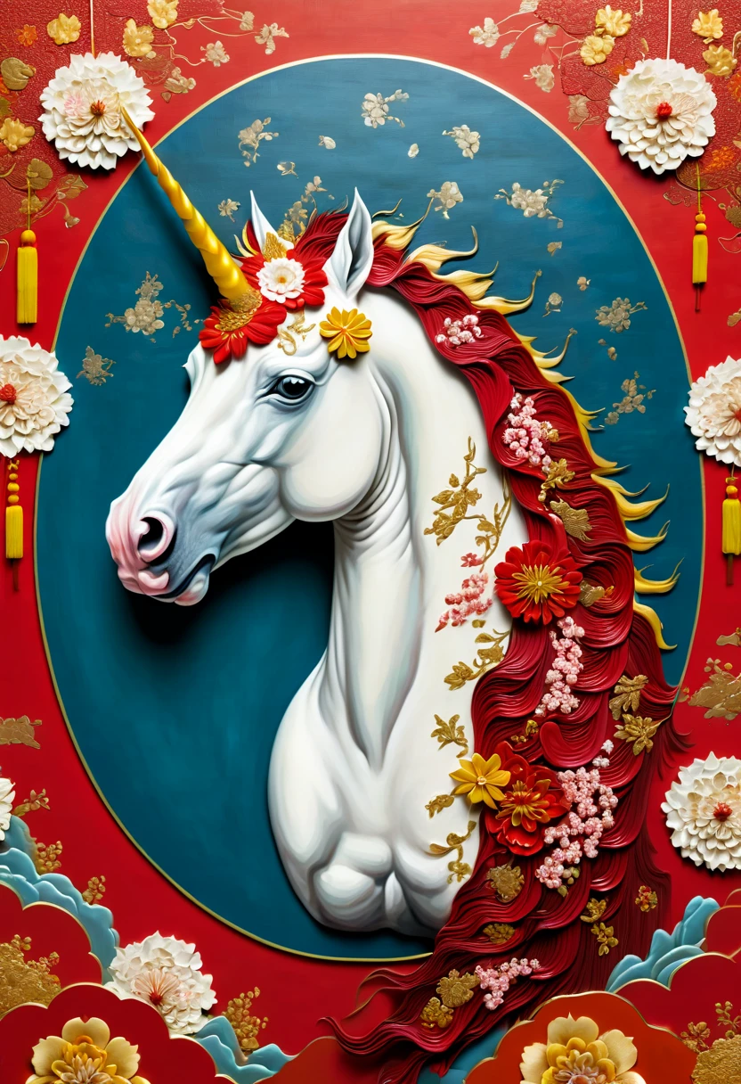 unicorn, chinese style background combines traditional chinese art style with modern design, in the style of colorful textures, radiant clusters, lowell herrero, dark red, rebecca louise law, colorized, chinese new year festivities