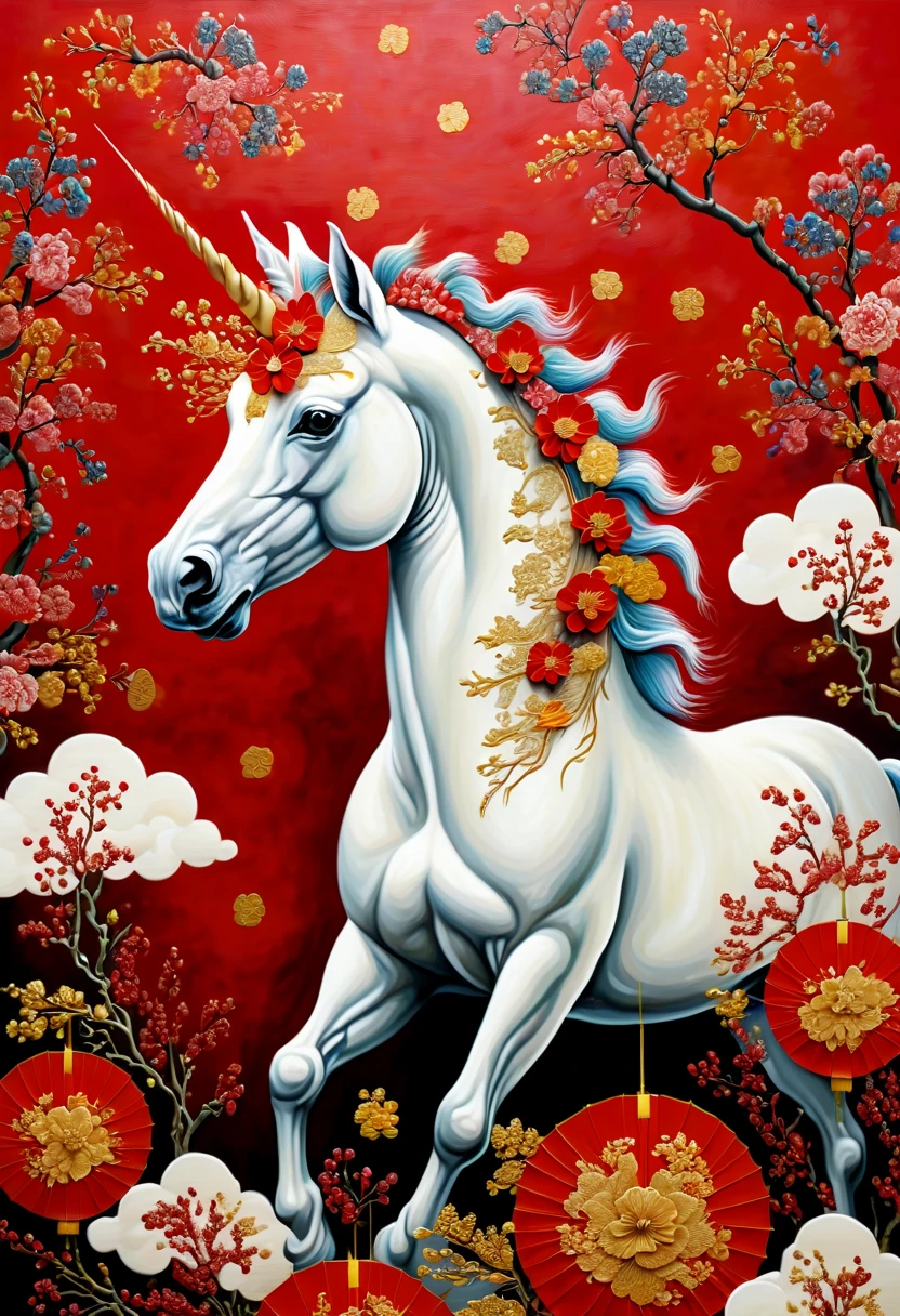 unicorn, chinese style background combines traditional chinese art style with modern design, in the style of colorful textures, radiant clusters, lowell herrero, dark red, rebecca louise law, colorized, chinese new year festivities