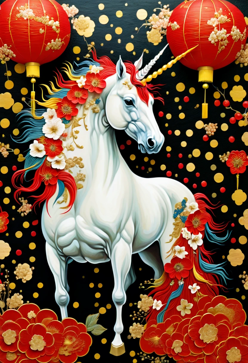 unicorn, chinese style background combines traditional chinese art style with modern design, in the style of colorful textures, radiant clusters, lowell herrero, dark red, rebecca louise law, colorized, chinese new year festivities