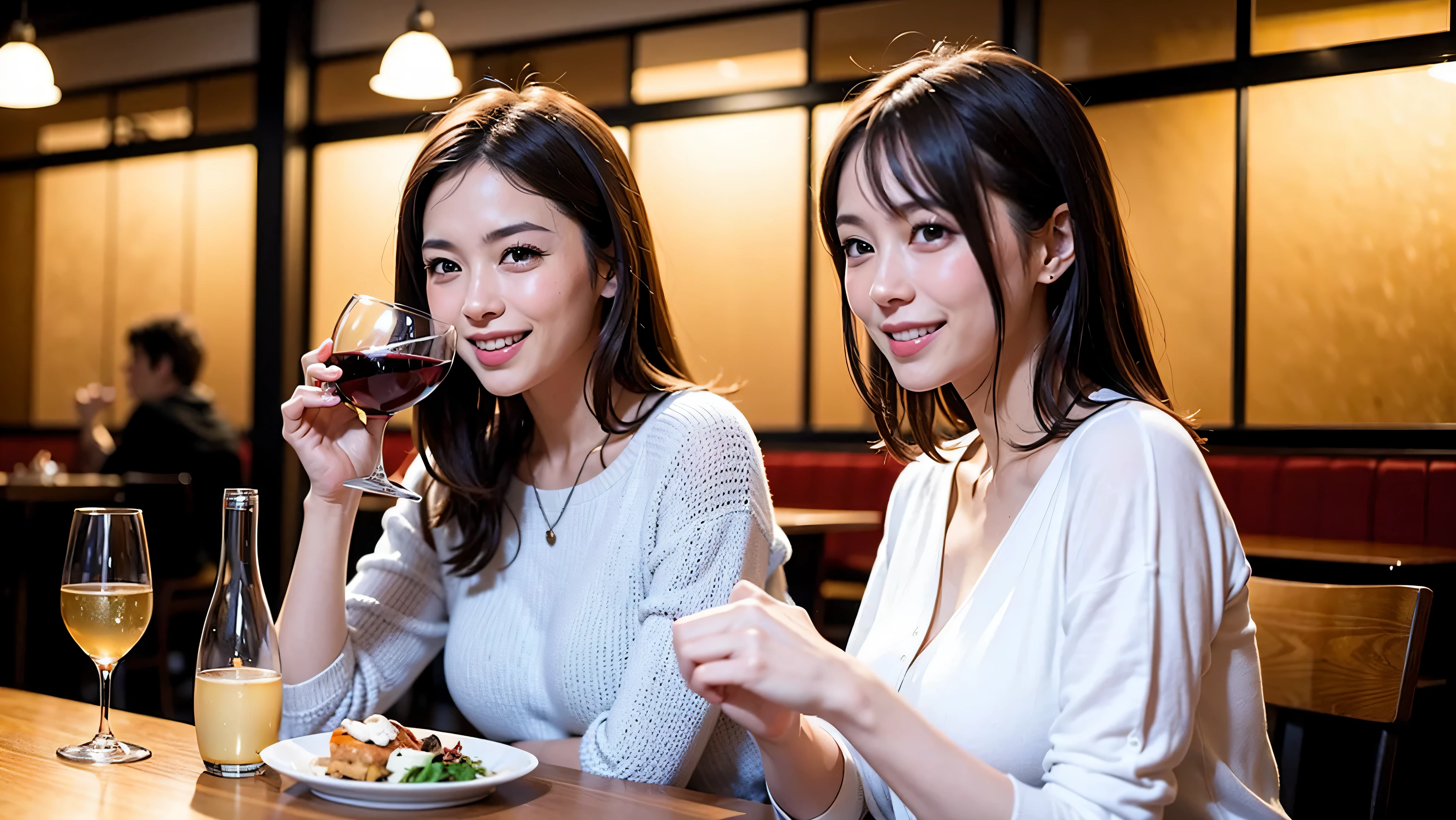 4K, UHD, highest quality, masterpiece: 1.2), (realistic, photorealistic: 1.37), Wine Party、drinking party、celebration party、party of 5、3 women who love wine、2 males、sparkling glass、Japanese sake、Shochu、champagne、Sparkling wine、winter night、restaurantでワイン宴会、(slimな男女4名),(Wine Party for 5 people)、(slimフェイス),Happy、 最高なsmile、Fox Face、Berry Short、(because I'thin), (brown hair), (shortcut), long sleeve shirt、winter fashion、Colombia、Japanese、Dutch、German、Portuguese、Belgian、Italian、french, (gush), (slimボティ), (brown hair), (shortcut), Neat beauty、cheeks blush a little, (40 years old), 38 years old, 36 years old、34 years old、42 years old、alone, A beautiful and detailed night view spreads out outside the window..., restaurant, wine glassが座っている, At night, in a prominent place (from the Upper body) nova frog style, actress, model, Upper body, White wine, slim, wine glass, very beautiful night view, wine glass Put in the Middle, Happy smile, (smile: 1.15),