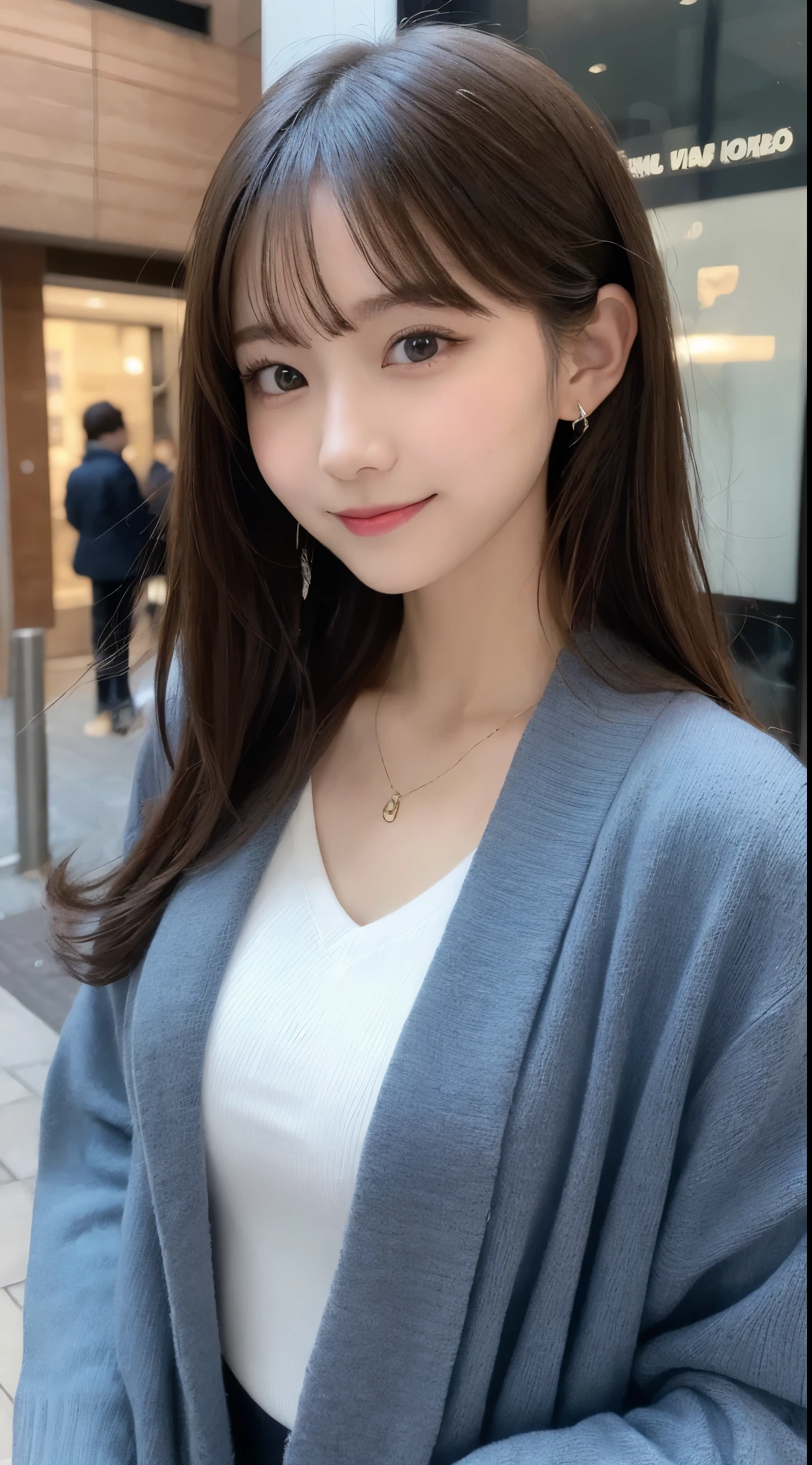 masutepiece, Best Quality, Illustration, Ultra-detailed, finely detail, hight resolution, 8K Wallpaper, Perfect dynamic composition, Beautiful detailed eyes, Trendy Women's Fashion Winter Clothes,Bun hair,Small breasts natural color lip, sexypose,Smile,Harajuku、20 years girl、Cute、is looking at the camera