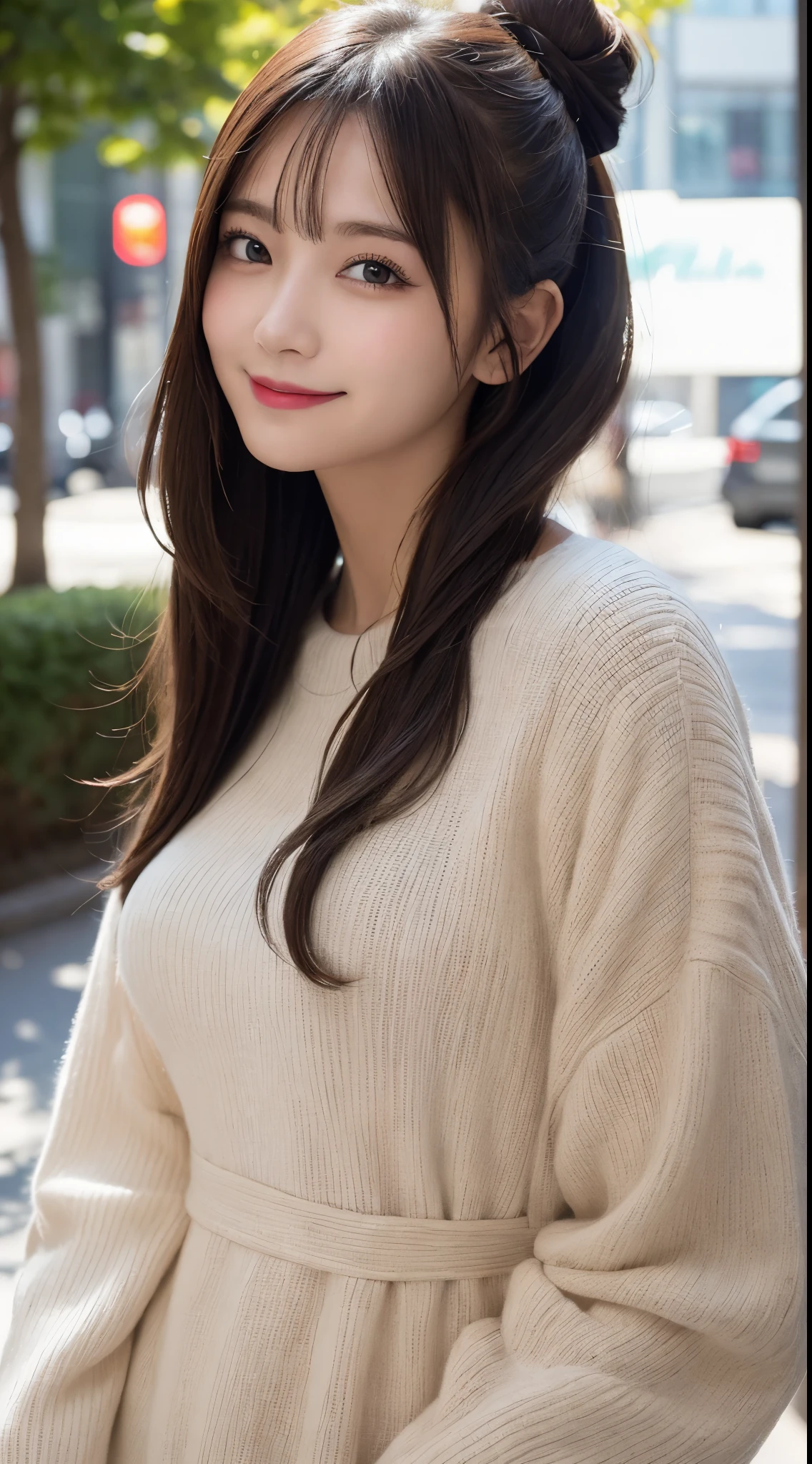 masutepiece, Best Quality, Illustration, Ultra-detailed, finely detail, hight resolution, 8K Wallpaper, Perfect dynamic composition, Beautiful detailed eyes, Trendy Women's Fashion Winter Clothes,Bun hair,Small breasts natural color lip, sexypose,Smile,Harajuku、20 years girl、Cute、is looking at the camera