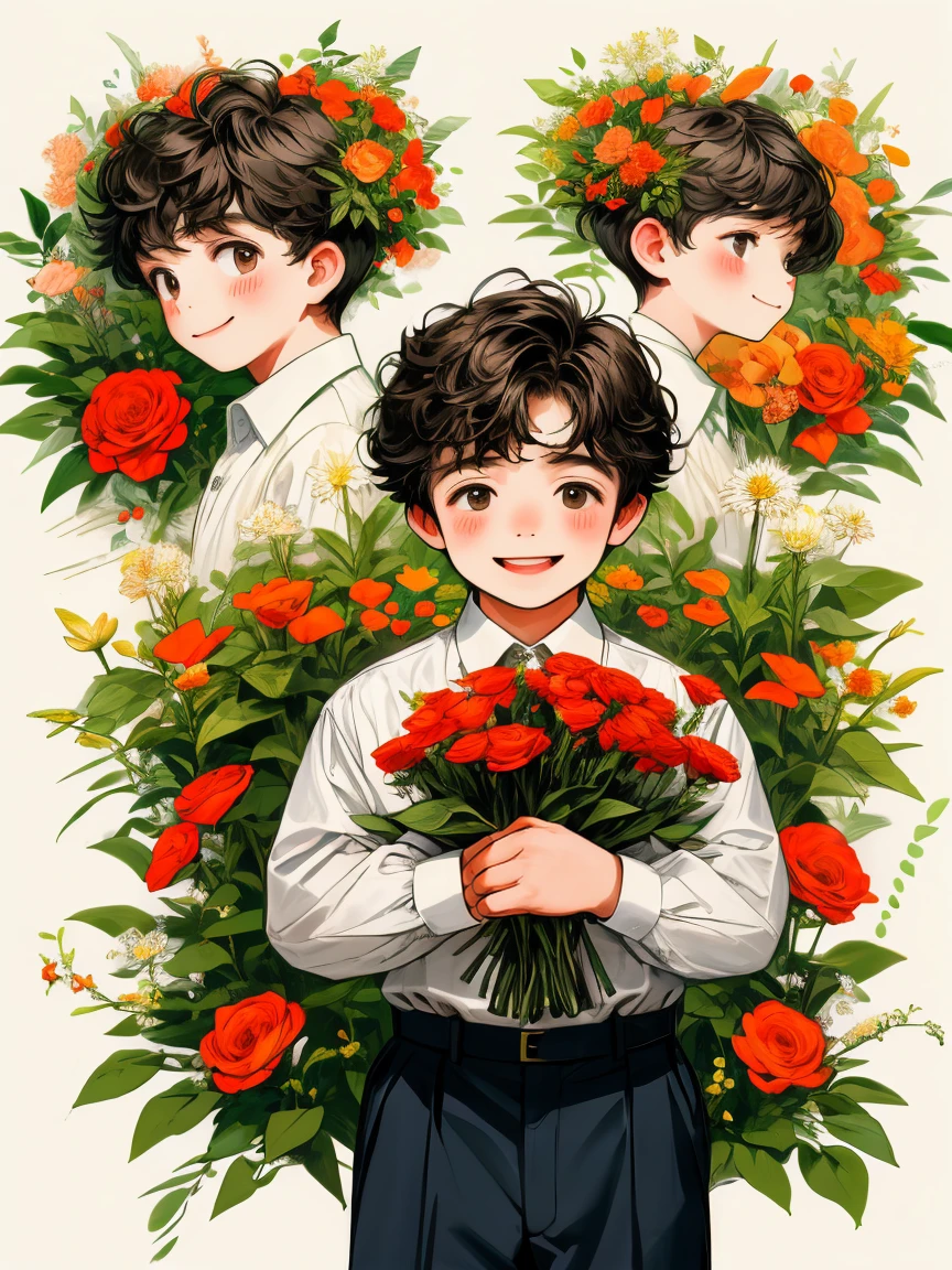 masterpiece, collage of little boy holding flowers, happy