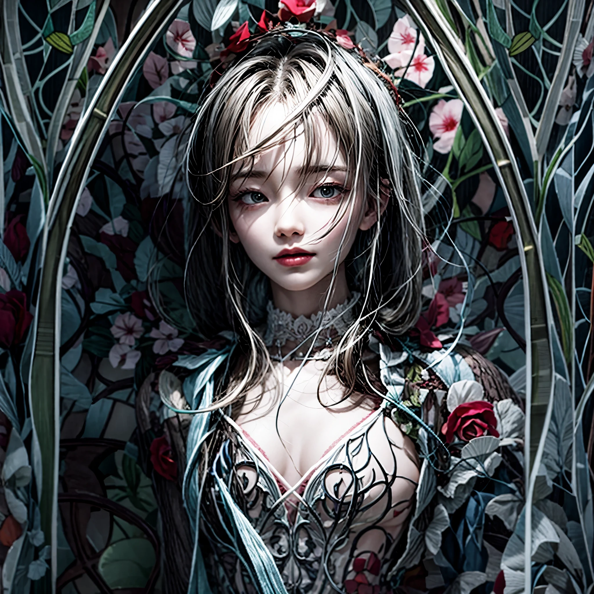 Sexy girl in ((WHITE)) and Delicate lace underwear, with Glossy RED lips, (Exposed:1.2), (nipple:-0.9), { closeup of Cute lips | Dynamic-angle }, ((Dazzling stained glass Background)), (( colorful Light shines through stunning elaborate stained glass:1.2)), vivid Red colors . ((Acutance:0.8, physically-based rendering)), (masterpiece:1.2), (ultra-detailed:1.35), (realistic, photorealistic, ((photo-realistic:1.37))with touch of rawness) . ((Renbutsu Misako)), (Extremely detailed KAWAII face variations, with Dynamic expressions),  detailed eyes with sparkling highlights, captivating gaze, long eyelashes, subtle blush on the face, rosy cheeks, impeccable oiled ivory skin texture . { full of flowers covering girl's body | Mystic sight | haze | Light Particle | Lens Particle | Lens Flare | Dazzling angle's Halo | Overflowing sideboob } . (((large eyes:-0.8, not Detailed fingers:-0.9))) .
