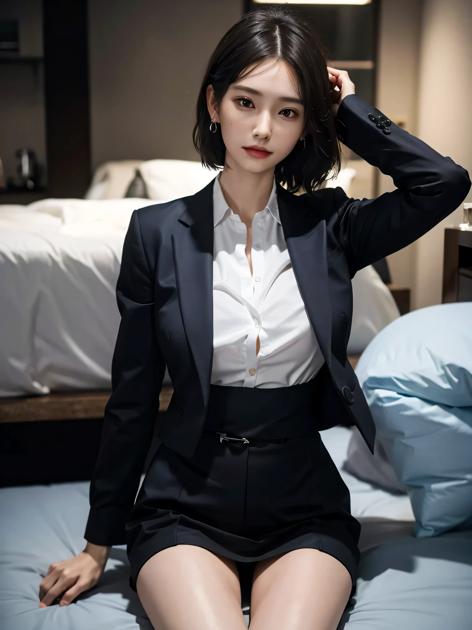 disorganized, RAW photo, very delicate and beautiful, masterpiece, highest quality, ultra high resolution, 16k, surreal, super detailed, perfect anatomy, super dense skin, perfect figure, Highly detailed CG 8k wallpaper, 20's, very slim body, (tight waist:1.1), very small head, very small face, delicate features, tearful mole, earrings, thin legs, (very huge round breasts:1.2), (full body shot:1.2), short hair, wavy hair, (suit:1.1), (shirt:1.2), (Jacket:1.1), calf,