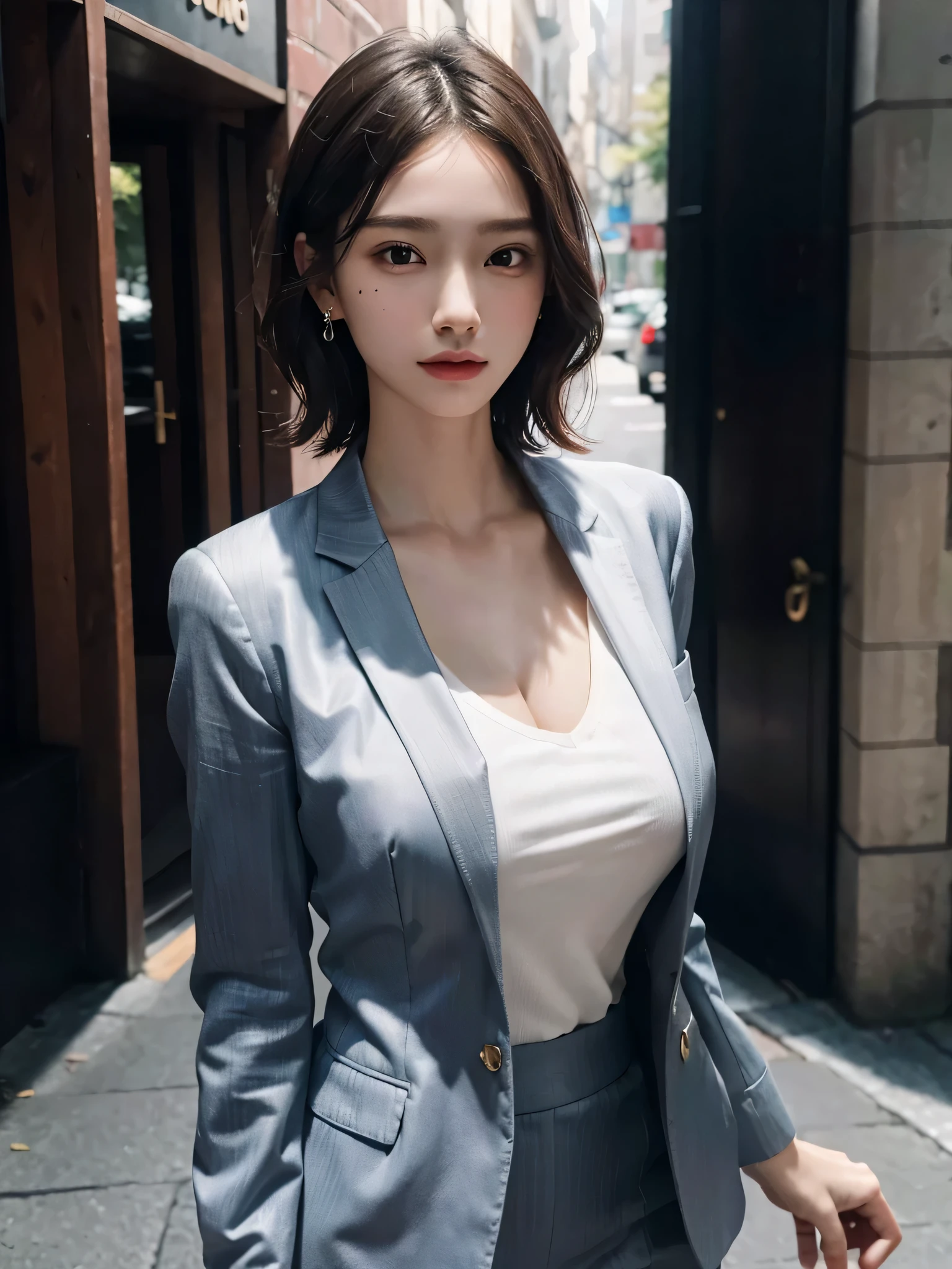 disorganized, RAW photo, very delicate and beautiful, masterpiece, highest quality, ultra high resolution, 16k, surreal, super detailed, perfect anatomy, super dense skin, perfect figure, Highly detailed CG 8k wallpaper, 20's, very slim body, (tight waist:1.1), very small head, very small face, delicate features, tearful mole, earrings, thin legs, (very huge round breasts:1.2), (full body shot:1.2), short hair, wavy hair, (suit:1.1), (shirt:1.2), (Jacket:1.1), calf,