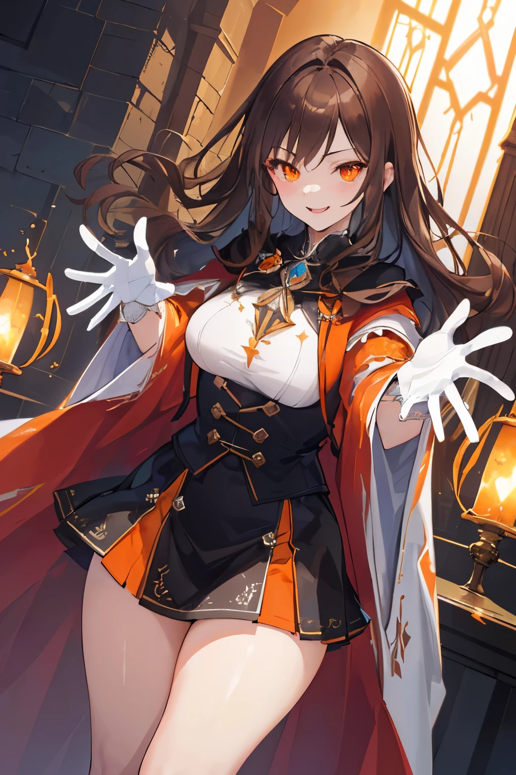 (((1girl))), ((best quality)), ((masterpiece)), ((ultra-detailed)), (illustration), (detailed light), (an extremely delicate and beautiful), (beautiful detailed eyes), (sunlight), ((extremely light)), ((extremely clothes)), (((hyper detail))),(((((front lighting))))),(((((front light))))),
((((quite adorable and erotic Warlock's robe with a brief skirt)))), (((High Class Warlock))),
,
wavy long hair, ((((dark brown hair)))), (((long hair))),
(((deep orange eyes))),
(((whole body))), aged 8 to 12, ((((())))),
((condescending expression)), ((mischievous smile with sexual satisfaction)), (((extra adorable))), (((((extra slender shape))))),
(((extremely beautiful detailed face))),
(((attacking enemies by a spell of time-stop))),
(((((Dutch angle))))), (((white gloves)))