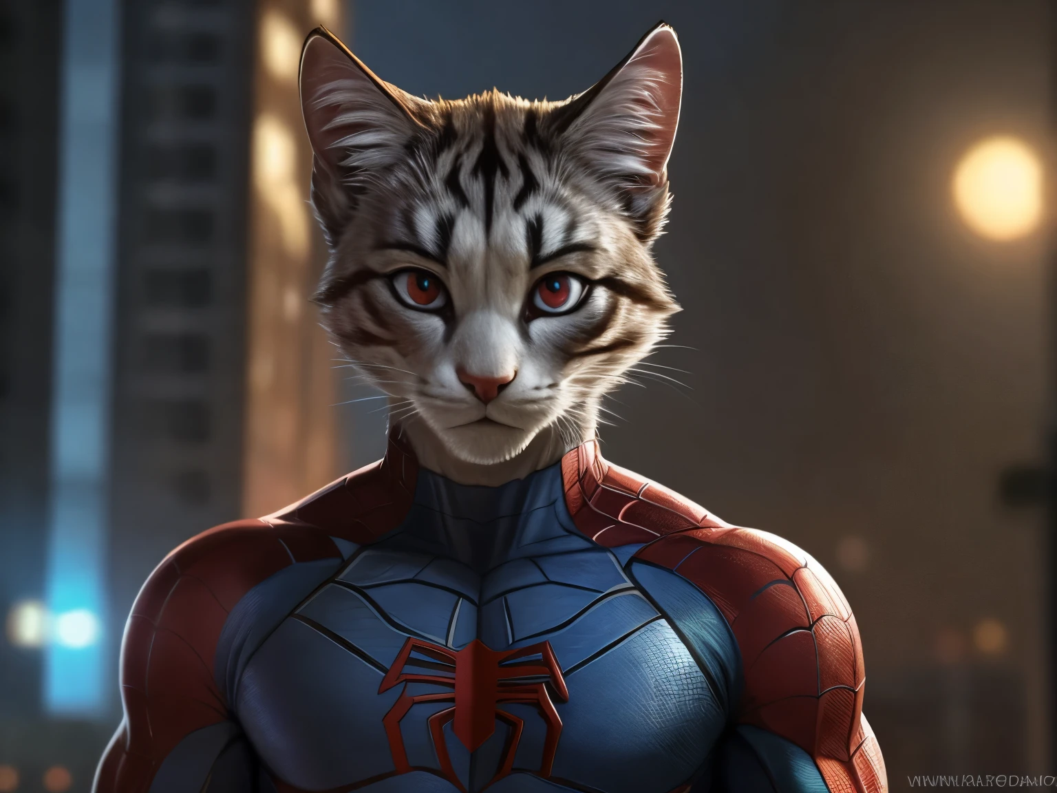 Wallecat as spidey, spider man, city on background, cat, portrait, beauty, marvel, cinematic