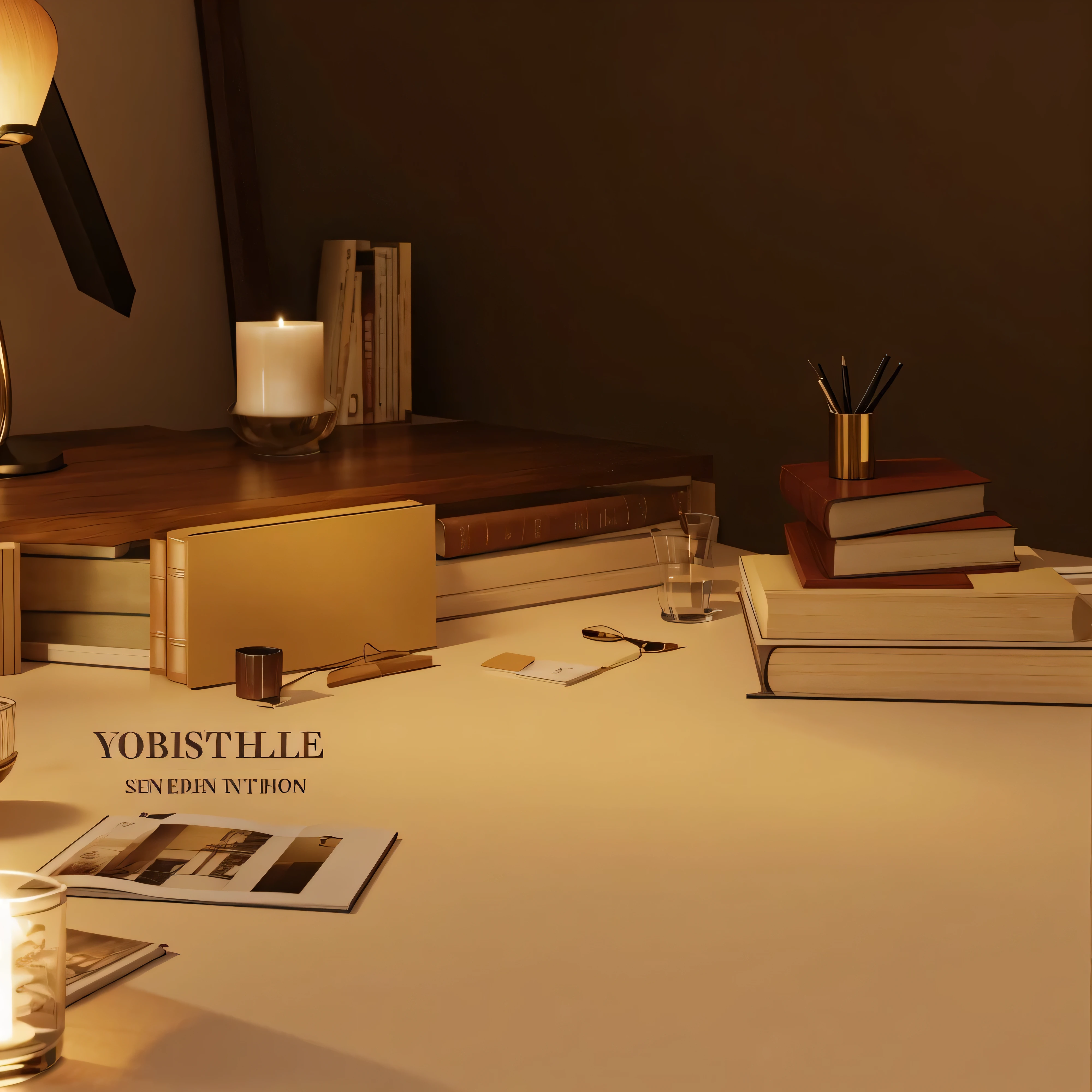 There are a lot of books on the table，And candles and clocks, scene rendering, desktopography, photographic rendering, There is a cabinet next to it，There is a water glass and a vase，wooden desk with books, 