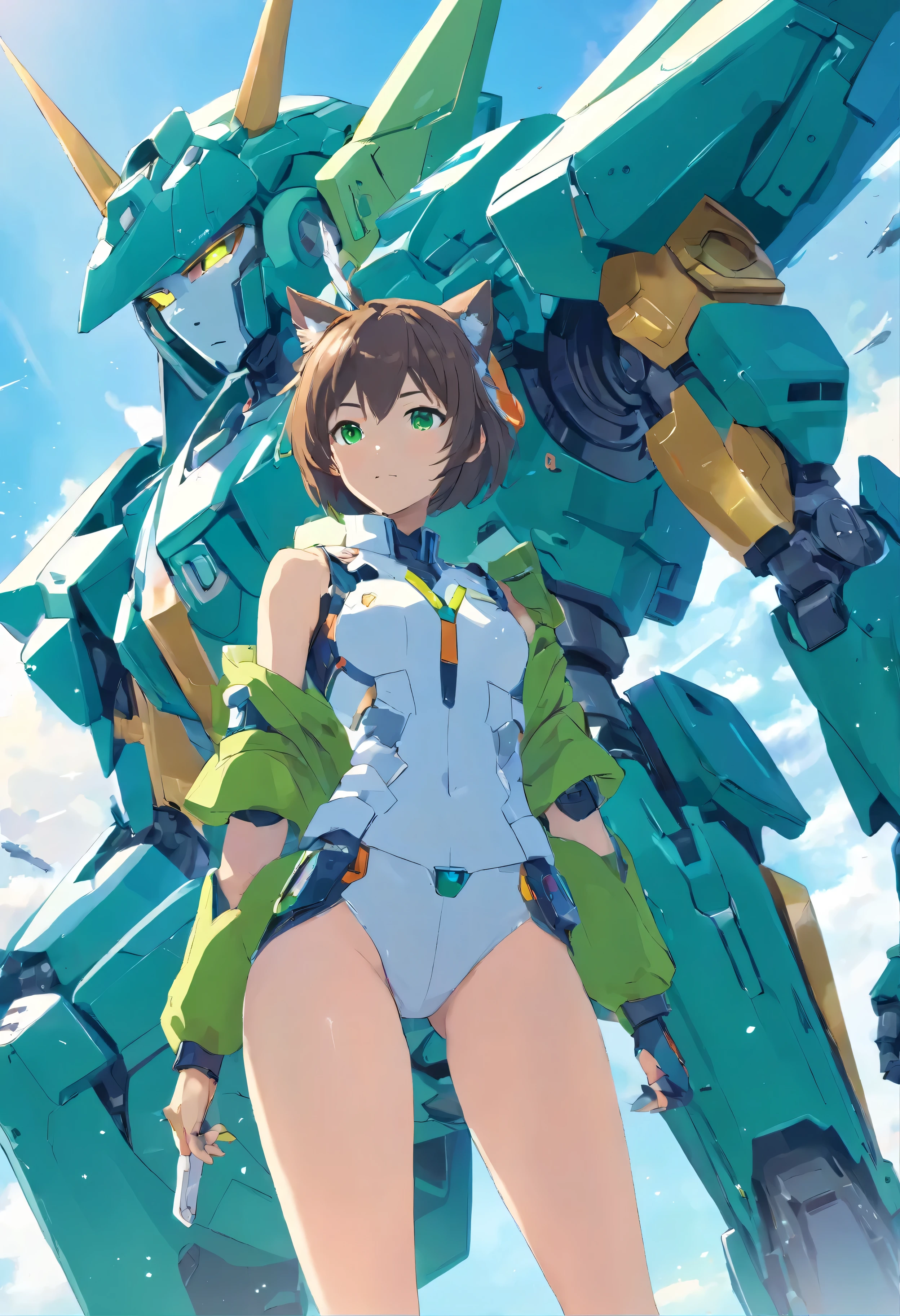 high quality, high detail, unicorn mecha, Rich facial details, In mecha style, Strong sense of rationalization, Anime cat ears girl on sky background,Mechanical armor style,anime mech aesthetic,4K,in green,blue colored eyes,Anime robots and organic matter mix,8Khigh qualityのディテールアート,detailed anime art,Mecha theme,