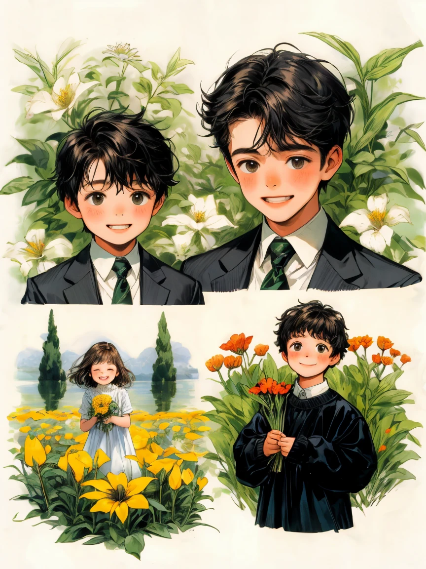 masterpiece, collage of little boy holding flowers, happy