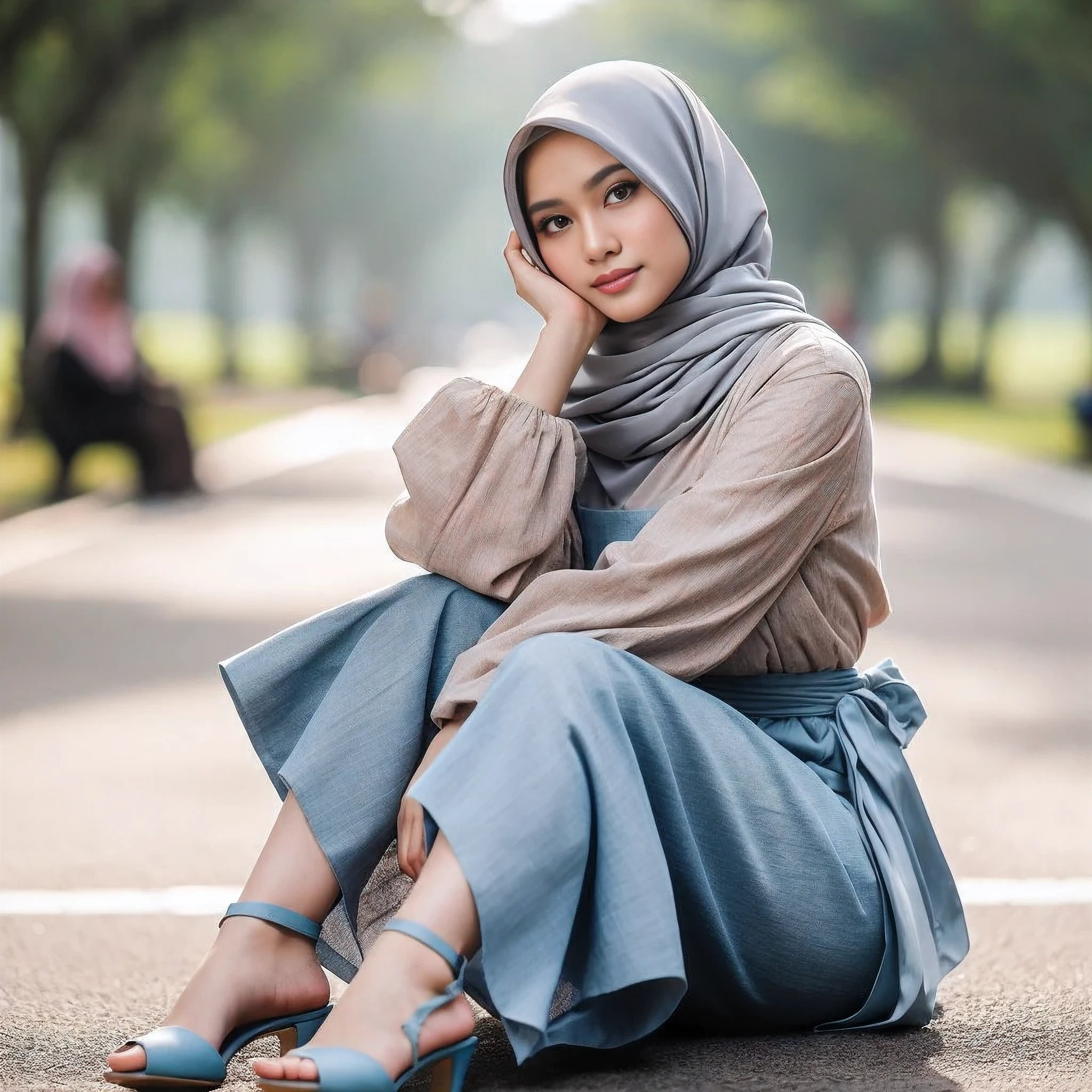 araffe woman sitting on the ground with her hand on her head, hijab, wearing beautiful clothes, lovely woman, beautiful image, cute woman, portrait shot, sitting on the ground, casual pose, high quality portrait, attractive girl, malaysian, cute elegant pose, handsome girl, muslim, beautiful woman, mid shot portrait, 60mm portrait, with lovely look