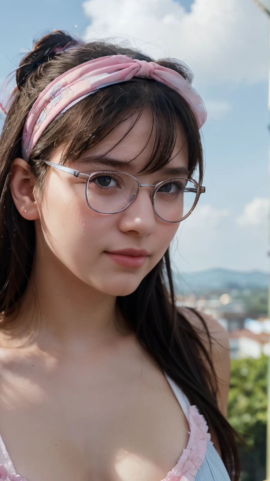 Girl, blue sky and white clouds, wearing silver glasses, happy, happy, reddish cheeks, black hair, wearing pink bow headband, perfect quality, clear focus (clutter - home: 0.8), (masterpiece: 1.2) (Realistic: 1.2) (Bokeh) (Best quality) (Detailed skin: 1.3) (Intricate details) (8K) (Detail eyes) (Sharp focus), (Happy)