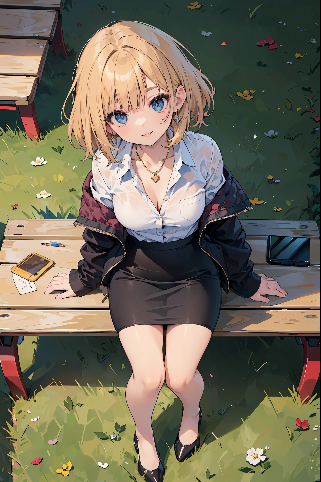 (table top: 1.3), (maximum resolution: 1.2), (Ultra HDTV: 1.2), cinematic light, Ultra HDTV, (fine eyes and skin), (detailed facial features), nffsw, 8K resolution,  perfect style, beautiful face, acura, anatomically correct, Highly detailed face and skin texture, fine eyes, dark blue eyes, double eyelid, thin eyebrows, glitter eyeliner: 1.2, natural cheeks, Glossy skin, Fair skin: 1.2, small shiny necklace and earrings, (glossy lips: 1.4), break, absurd, one person&#39;s perspective, (she is a middle school teacher), (wear a button up shirt, formal jackets, pencil skirt, high heels), (Seductive smile: 1.2), (look at the viewer), ((mature and beautiful girl:1.3)), (layered hairstyles, messy hair), (golden silky hair:1.2), medium bob cut braid hair, (full body shot: 1.2), focus on face, ((very close relationship: 1.2)), Huge chest and swaying breasts under the shirt,, ((Sitting on a bench in the middle of the lawn with the female students during lunch break at junior high school.:1.2)), ((teacher&#39;s lunch break)), (from directly above:1.2),