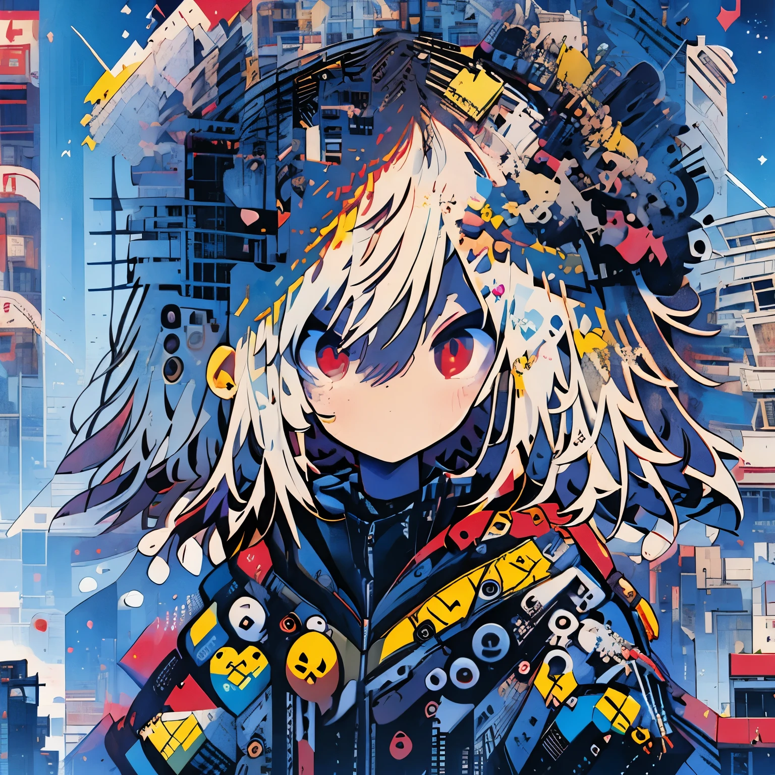 ((masterpiece)),(((best quality))), (high-quality, breathtaking), (expressive eyes, perfect face), 1boy, solo, male, short, young, small boy, short white hair, red eyes, on top of building, night sky, dark, buildings, phantom thief, wear short shorts, smirk