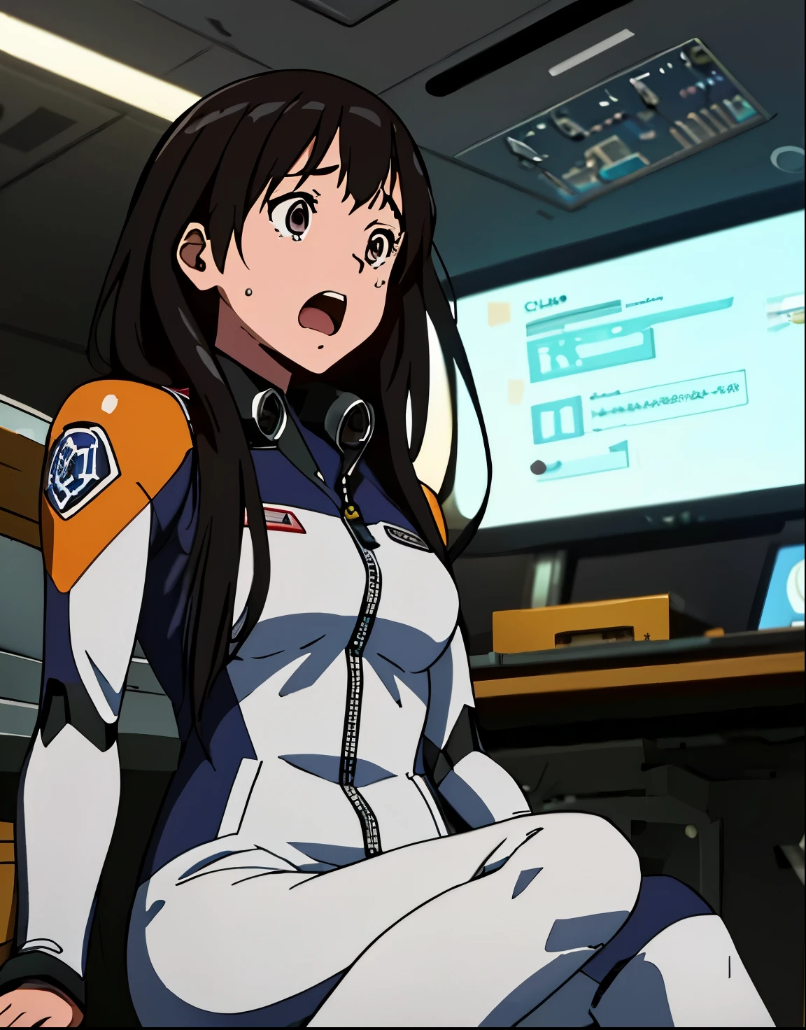 Unorganized resolution, High resolution, (masterpiece: 1.4), hyper detail, ****ung woman,, pilot suit, rich princess, sitting in a very small closed mech control room, Facial expression scary crying open mouth call (1.3), In the sky