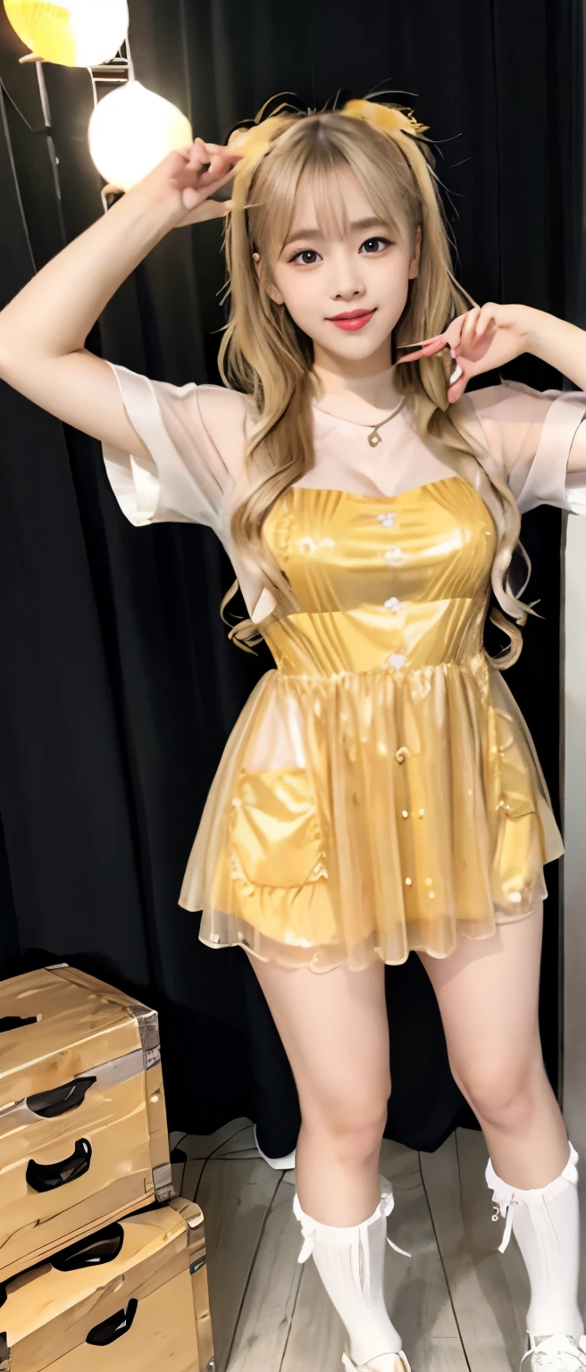 Female idol covered in honey、、、、good style、Honey-covered ta mini dress、blonde hair、whole body、honey room